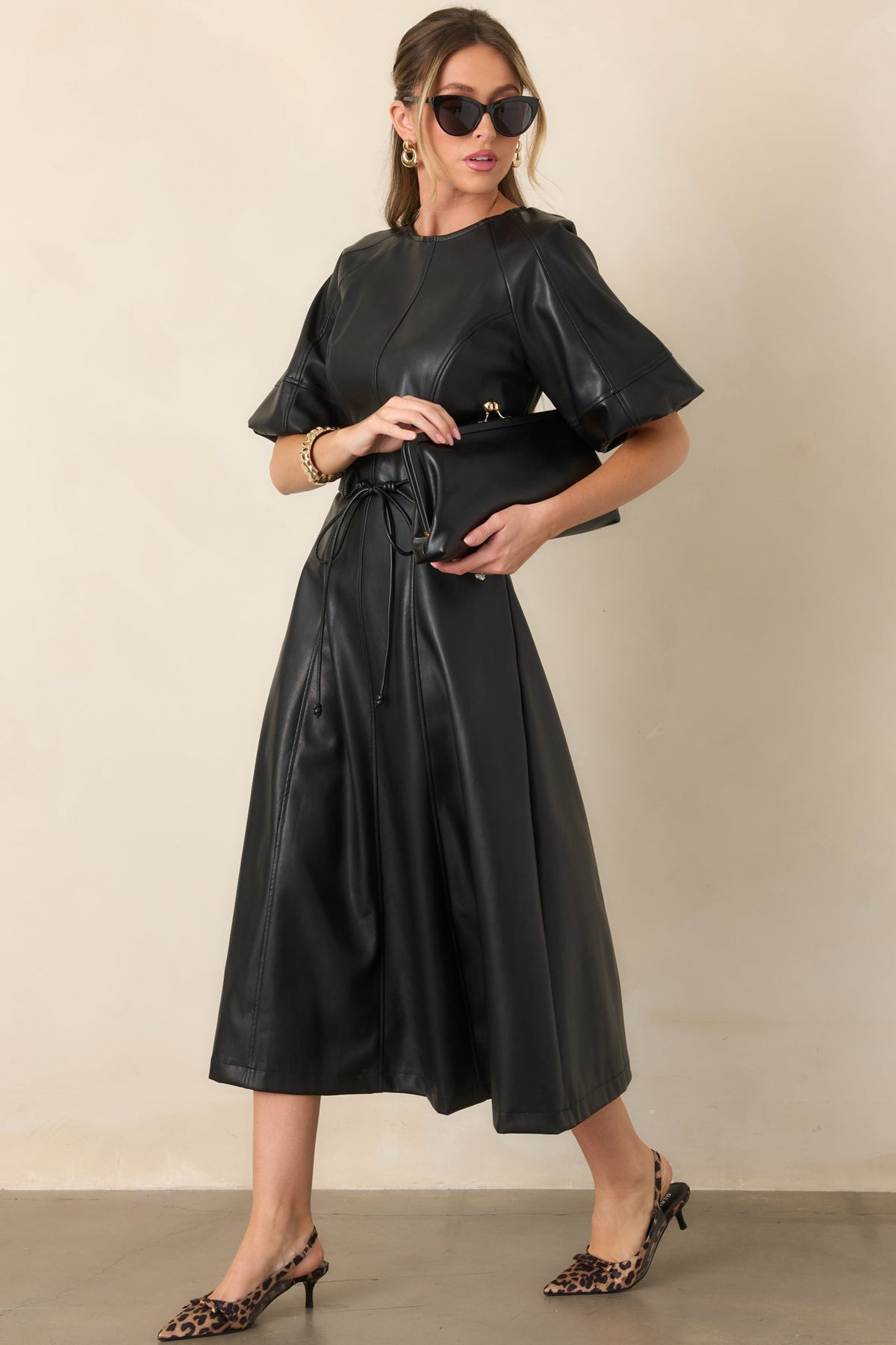 Something to Behold Black Faux Leather Short Sleeve Belted Midi Dress