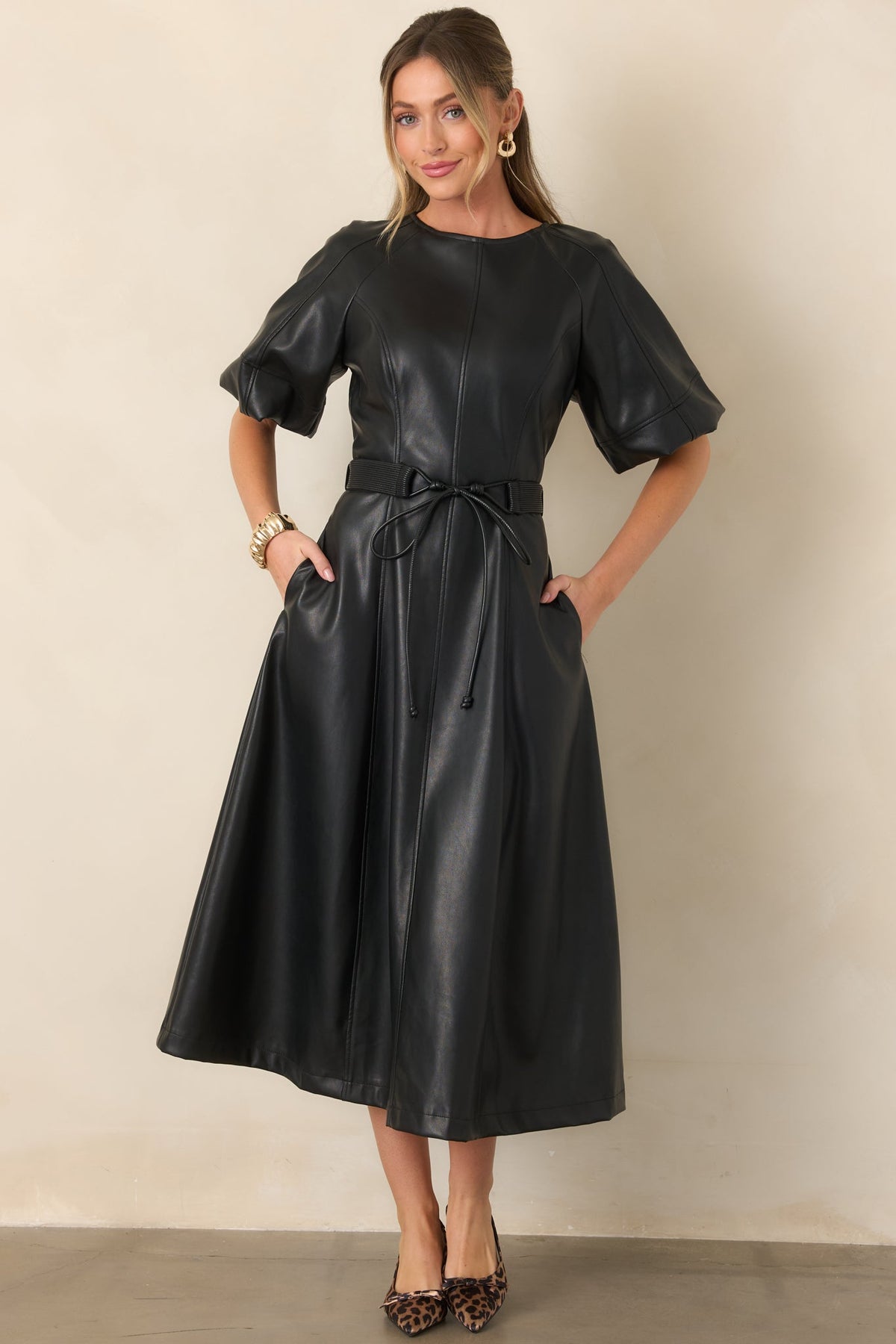 Something to Behold Black Faux Leather Short Sleeve Belted Midi Dress