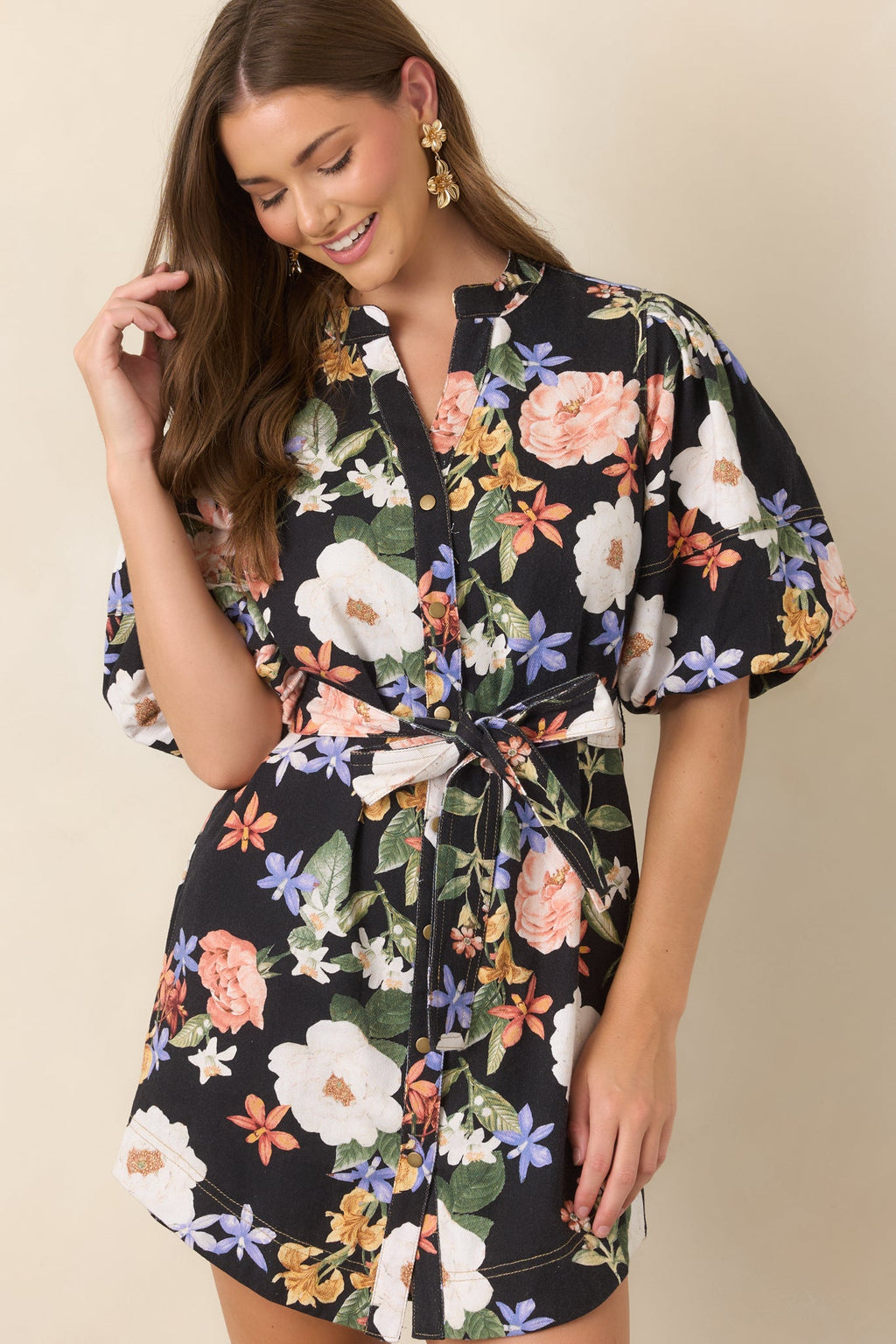 Wildly in Bloom Black Multi Floral Cotton Belted Mini Dress