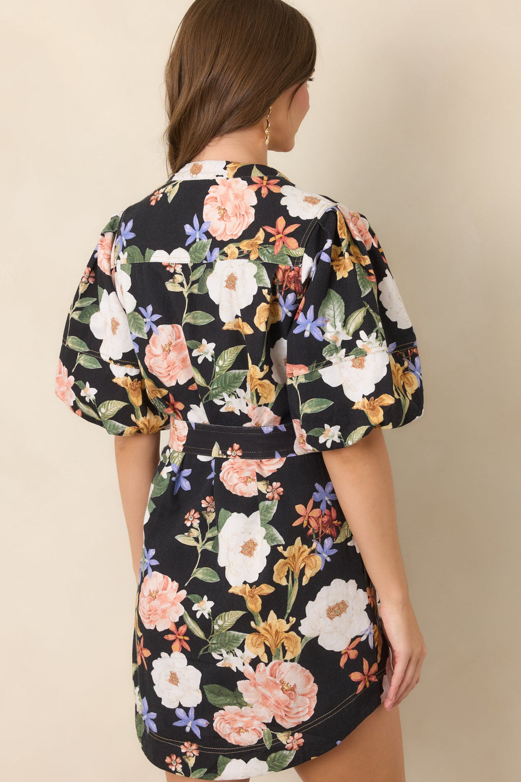 Wildly in Bloom Black Multi Floral Cotton Belted Mini Dress