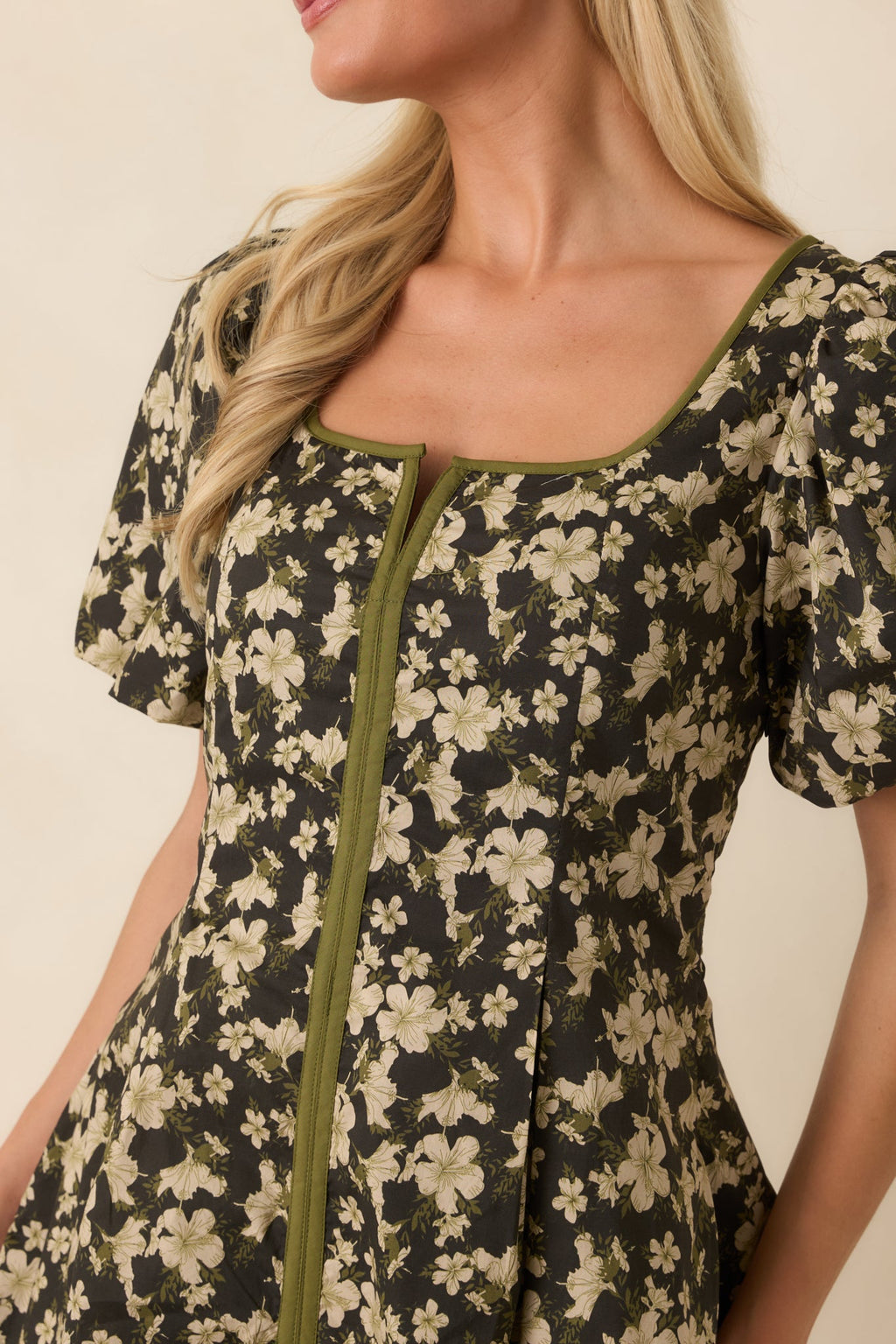 The Prettiest View Olive Green Floral Cotton Mini Dress