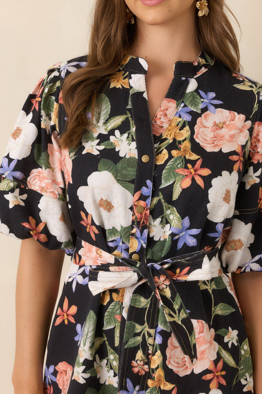 Wildly in Bloom Black Multi Floral Cotton Belted Mini Dress