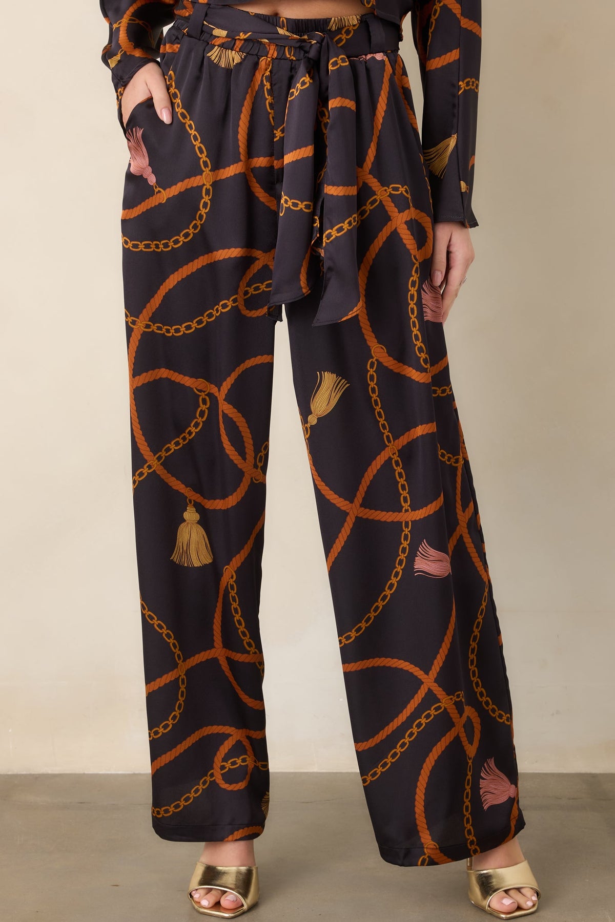 With Regard Black Rope & Tassel Print Satin Wide Leg Pants