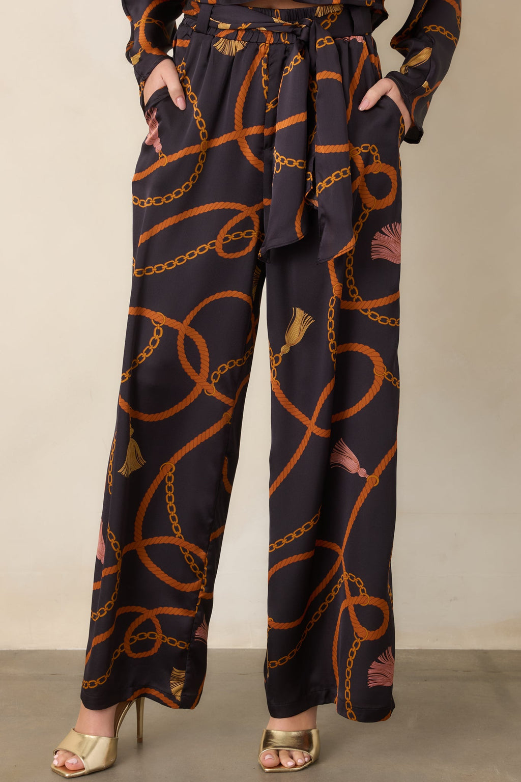 With Regard Black Rope & Tassel Print Satin Wide Leg Pants