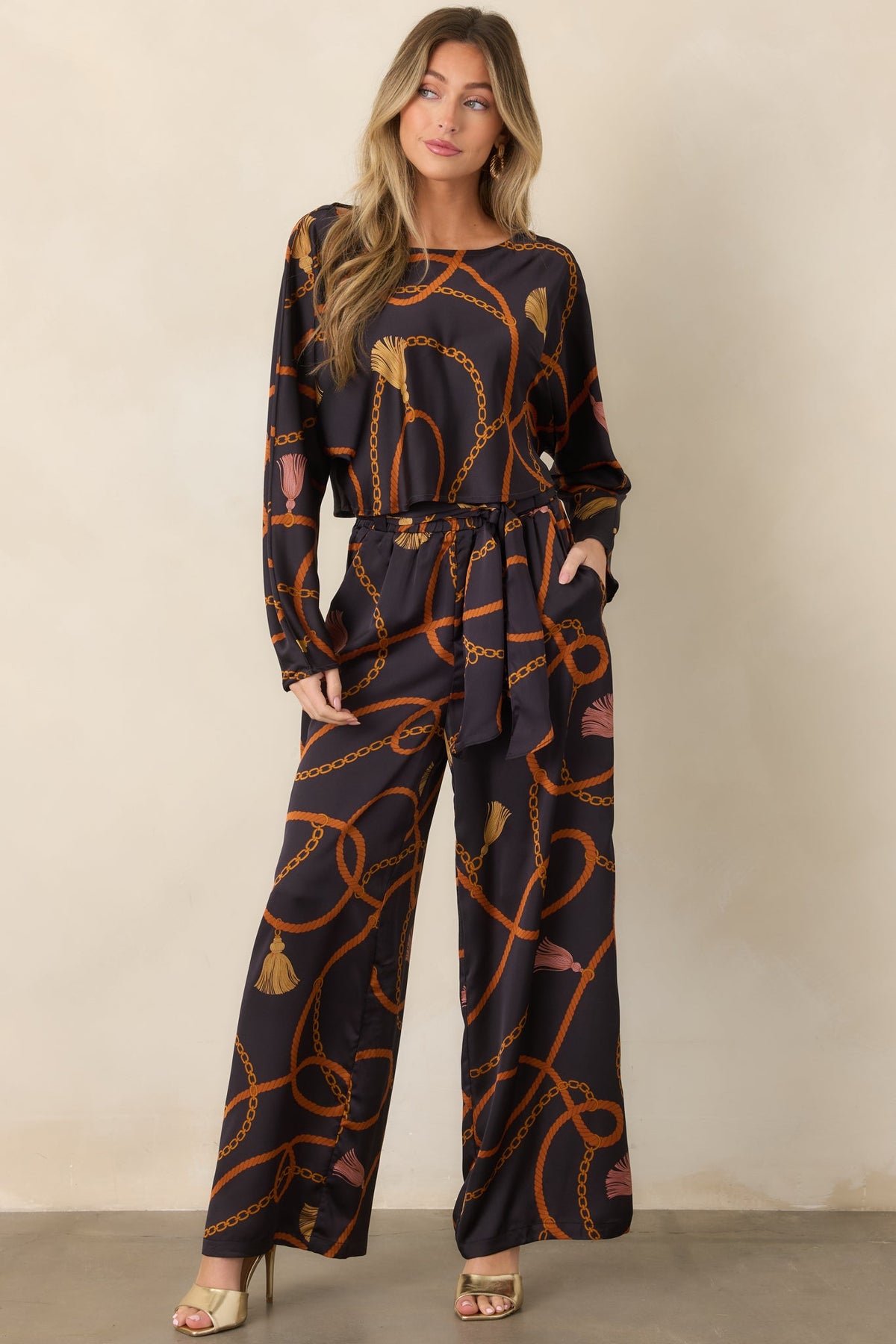 With Regard Black Rope & Tassel Print Satin Wide Leg Pants