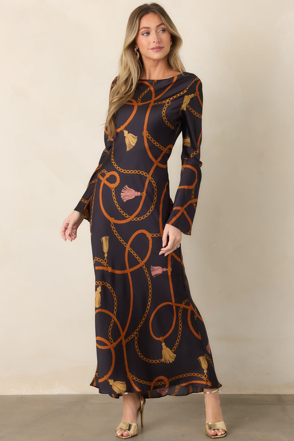 With Distinction Black Rope & Tassel Print Satin Maxi Dress