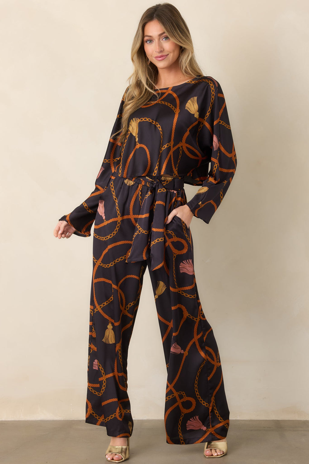 With Regard Black Rope & Tassel Print Satin Wide Leg Pants