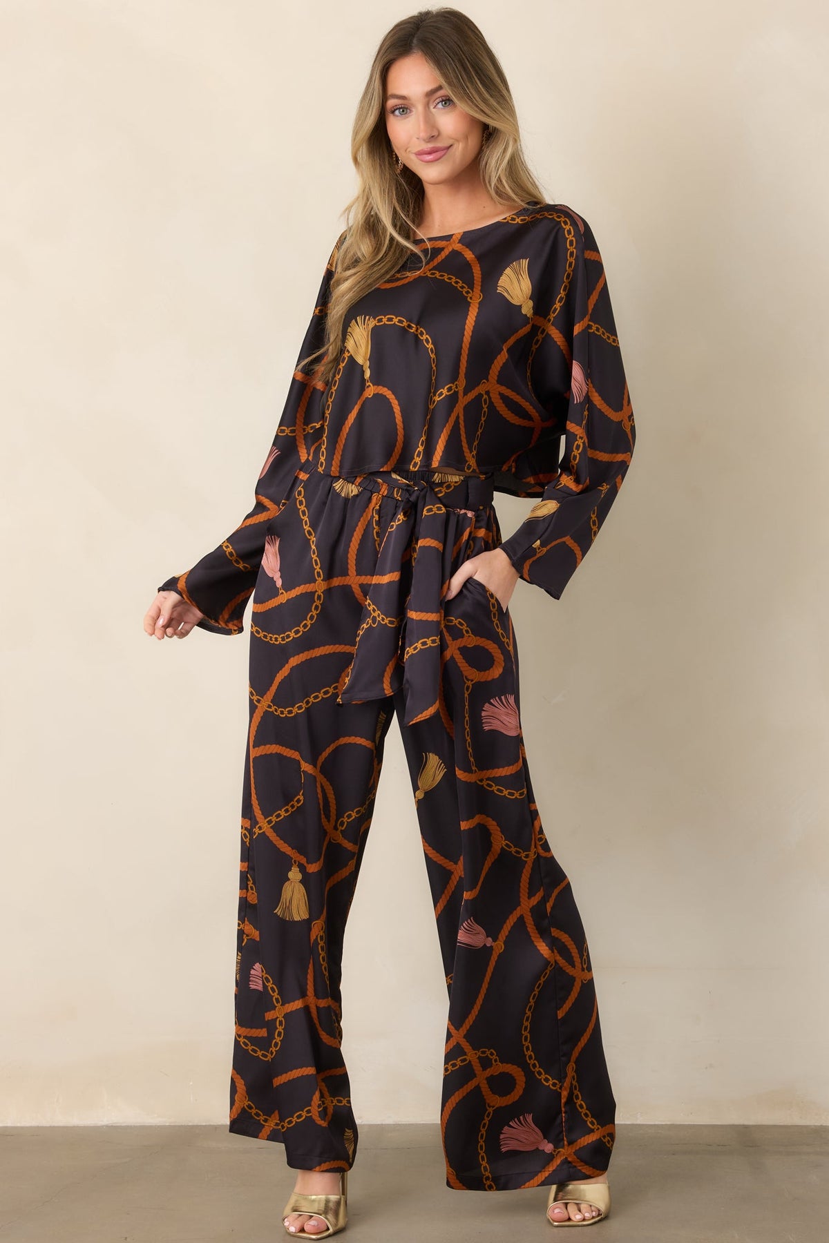 With Regard Black Rope & Tassel Print Satin Wide Leg Pants