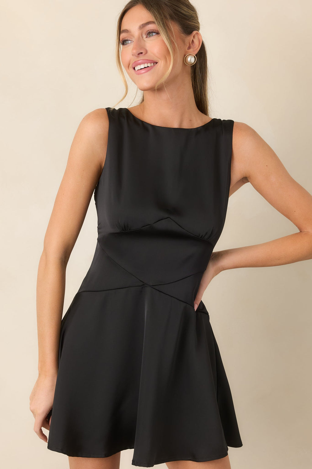 One More Look Black Satin Bow Back Mini Dress