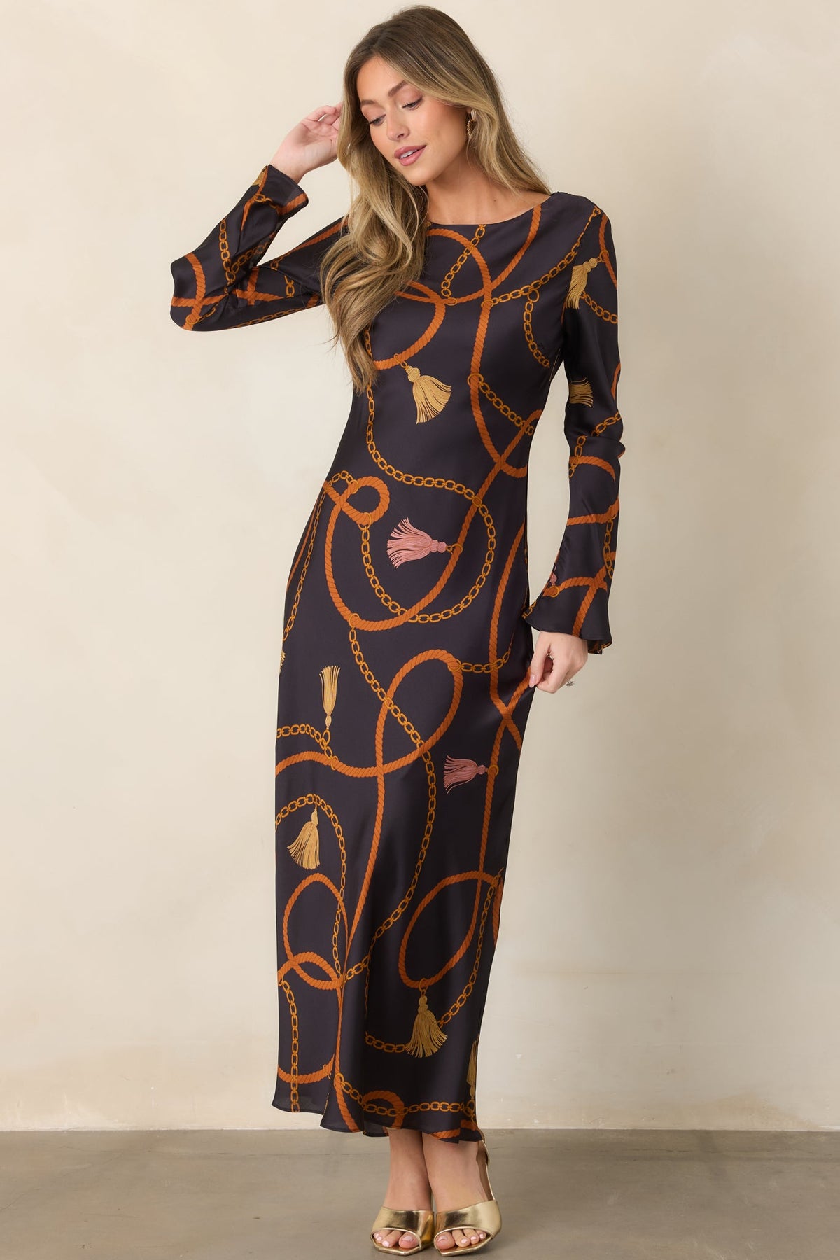 With Distinction Black Rope & Tassel Print Satin Maxi Dress