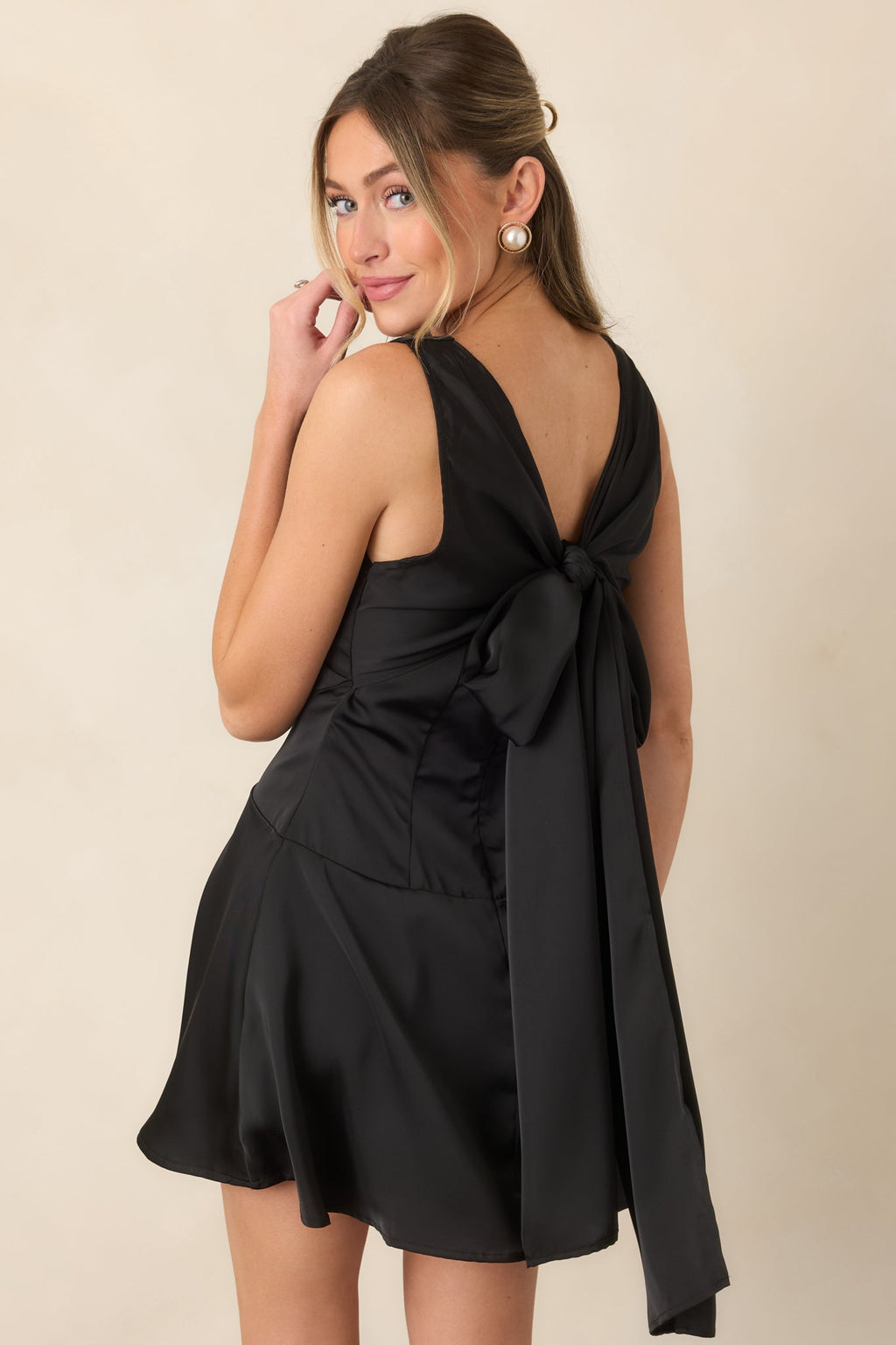 One More Look Black Satin Bow Back Mini Dress