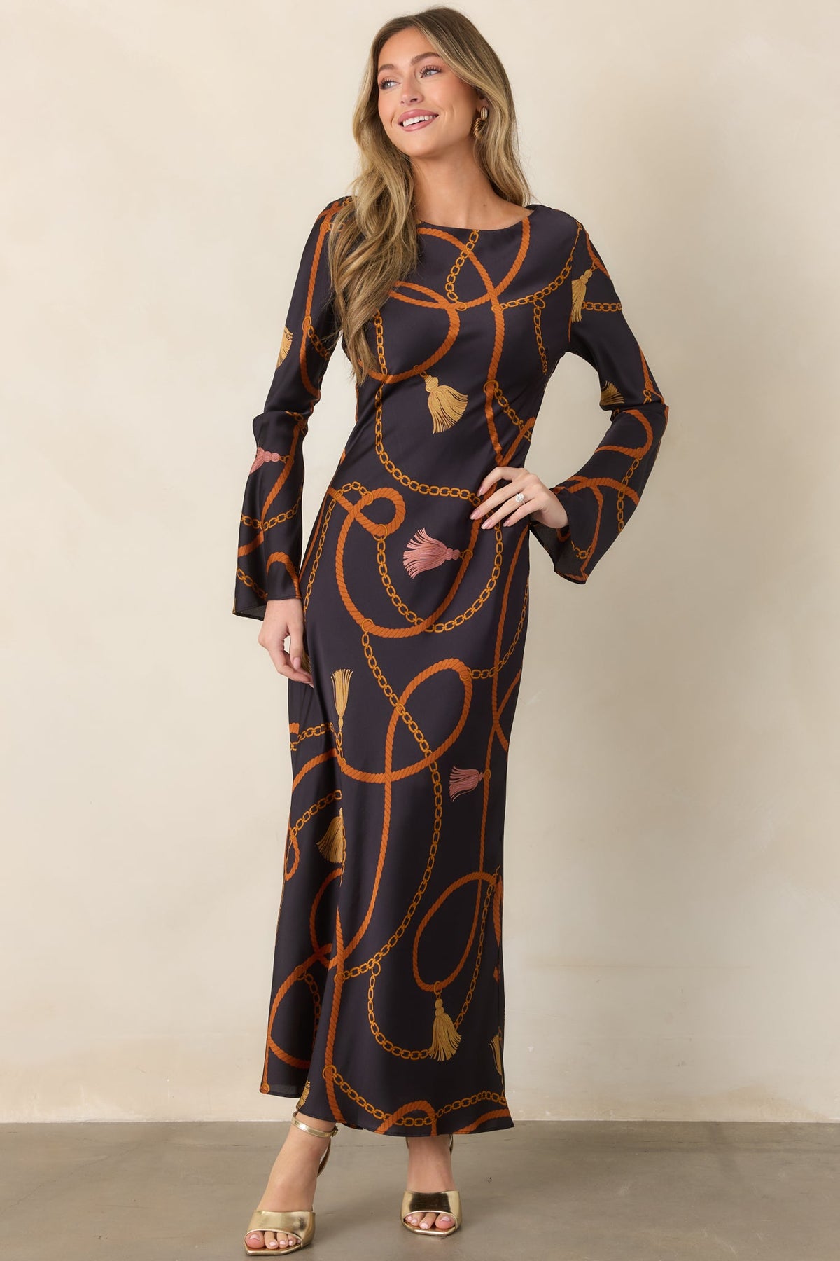With Distinction Black Rope & Tassel Print Satin Maxi Dress