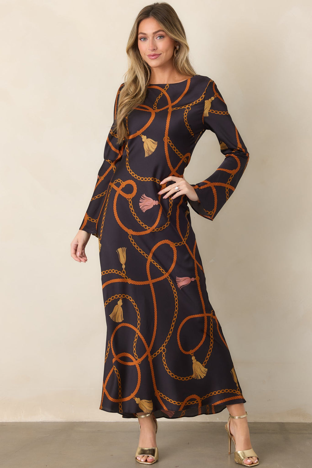 With Distinction Black Rope & Tassel Print Satin Maxi Dress