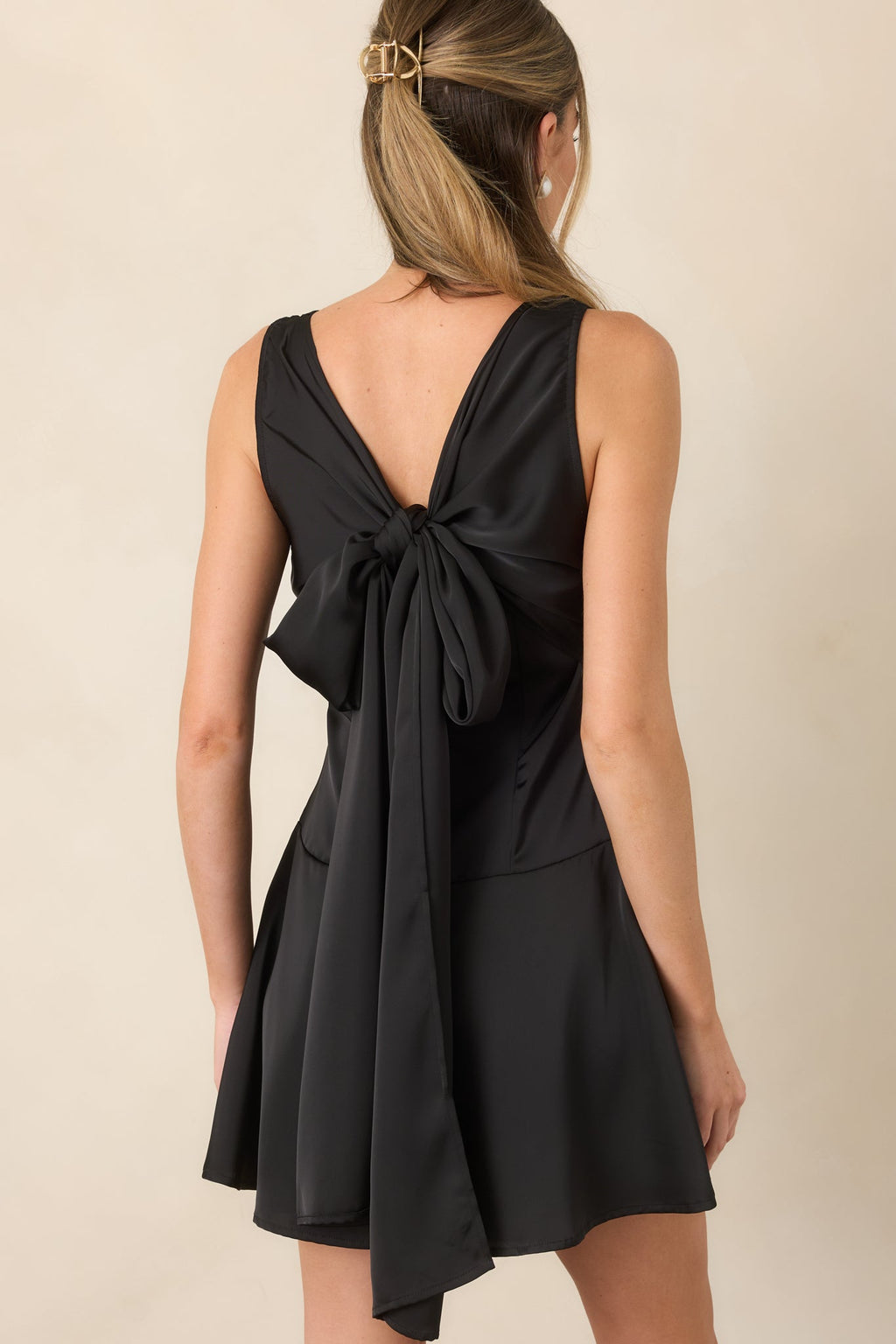 One More Look Black Satin Bow Back Mini Dress