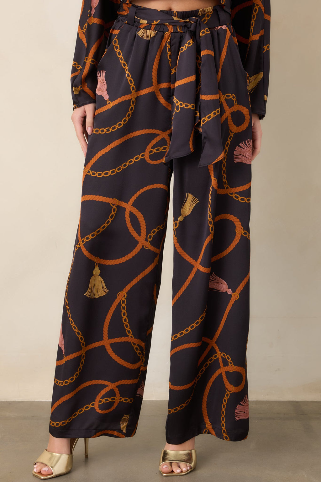 With Regard Black Rope & Tassel Print Satin Wide Leg Pants