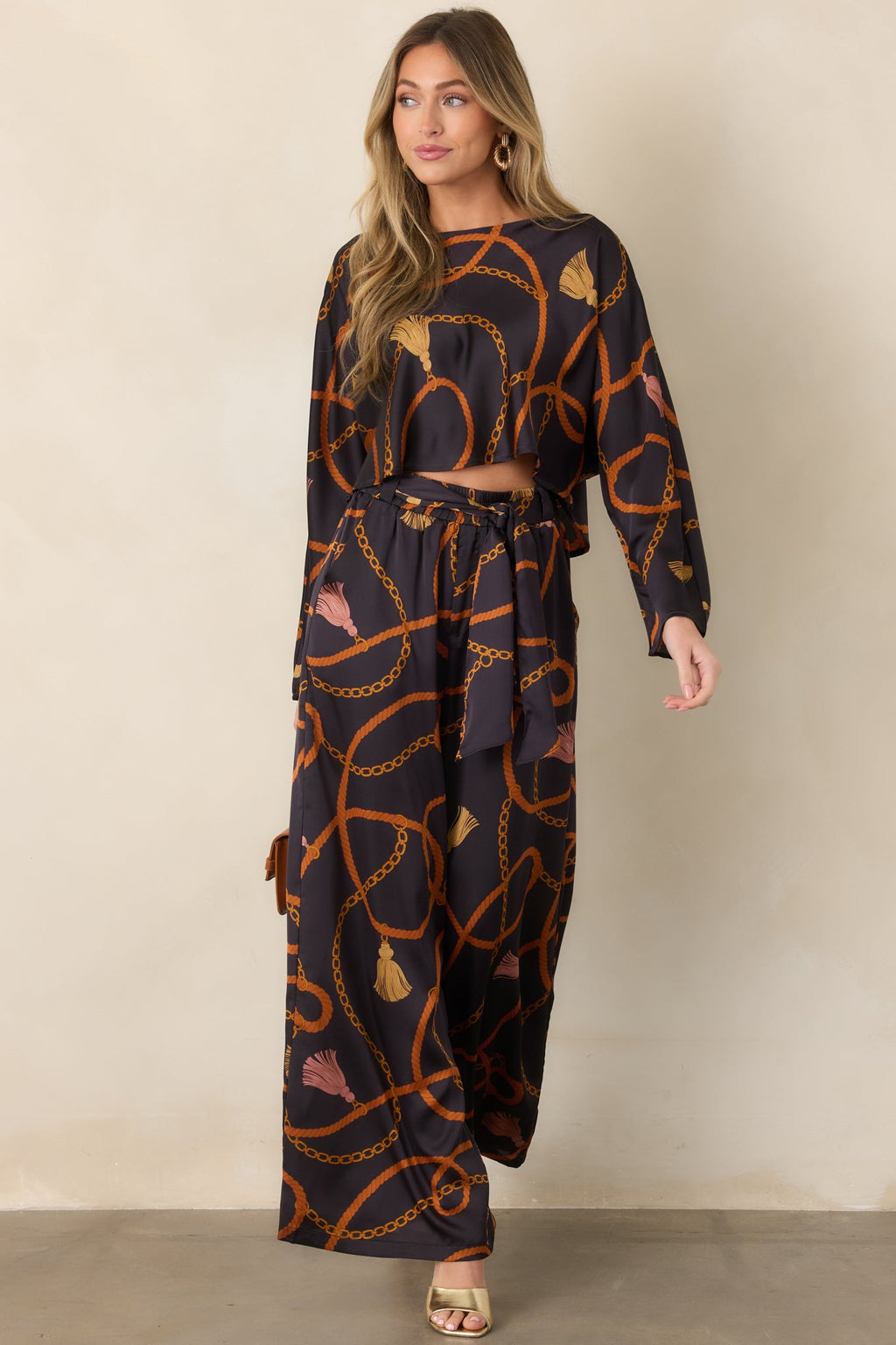 With Regard Black Rope & Tassel Print Satin Wide Leg Pants