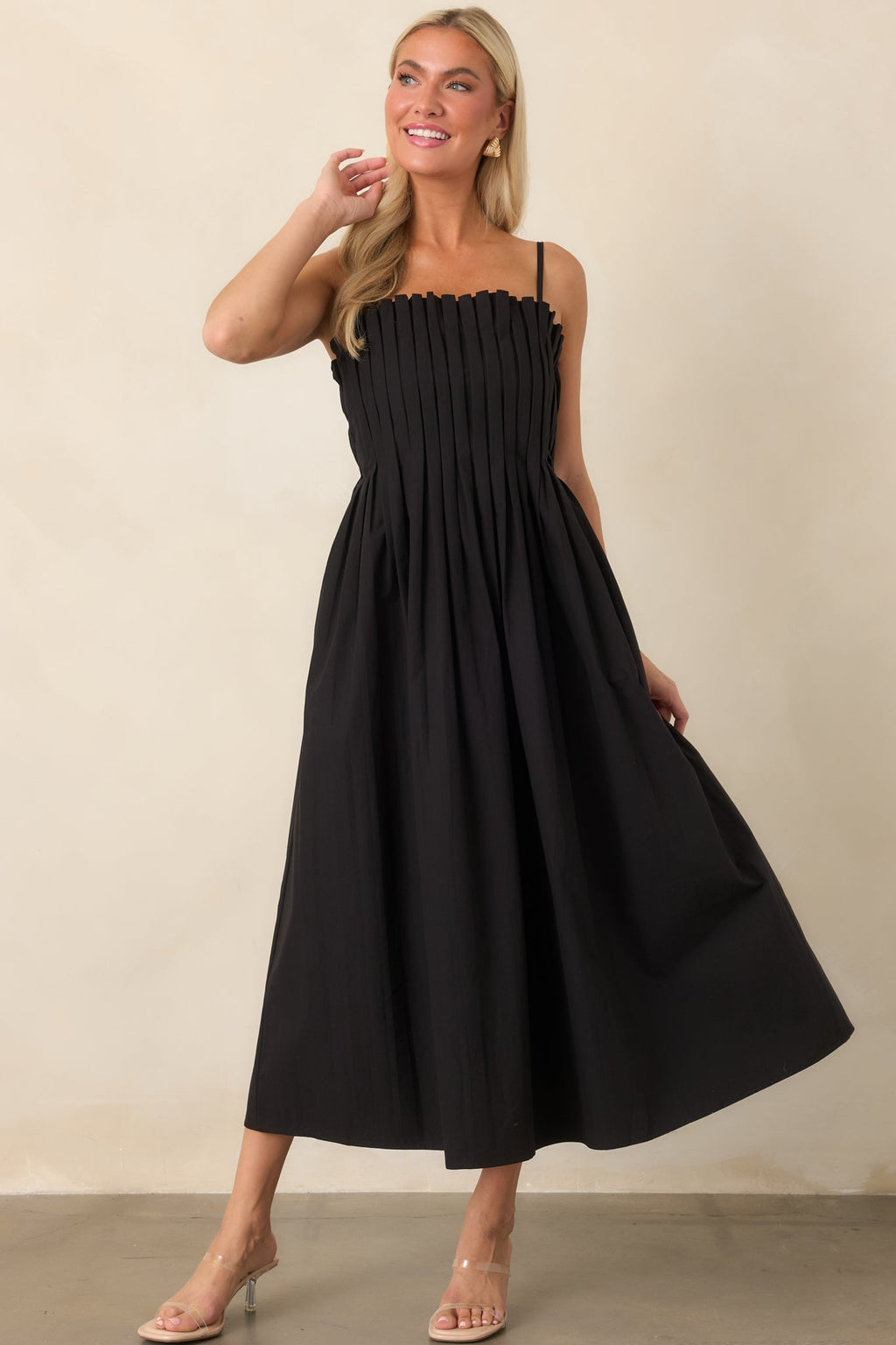A Reason to Celebrate Black Pleated Cotton Midi Dress