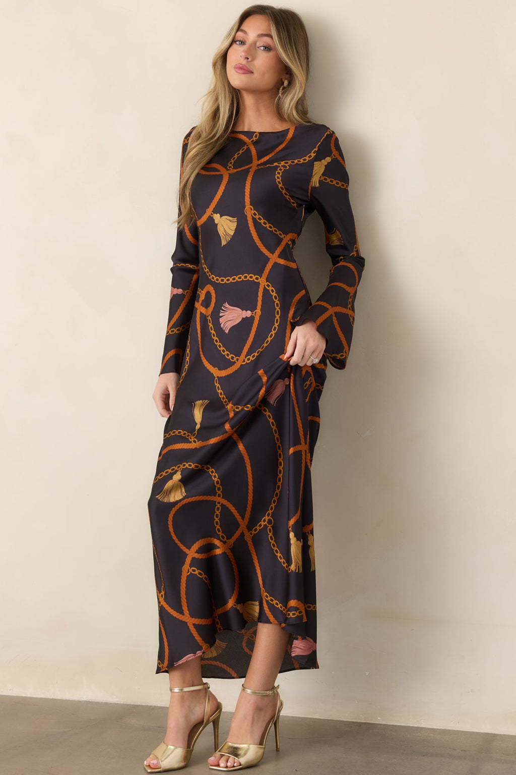 With Distinction Black Rope & Tassel Print Satin Maxi Dress