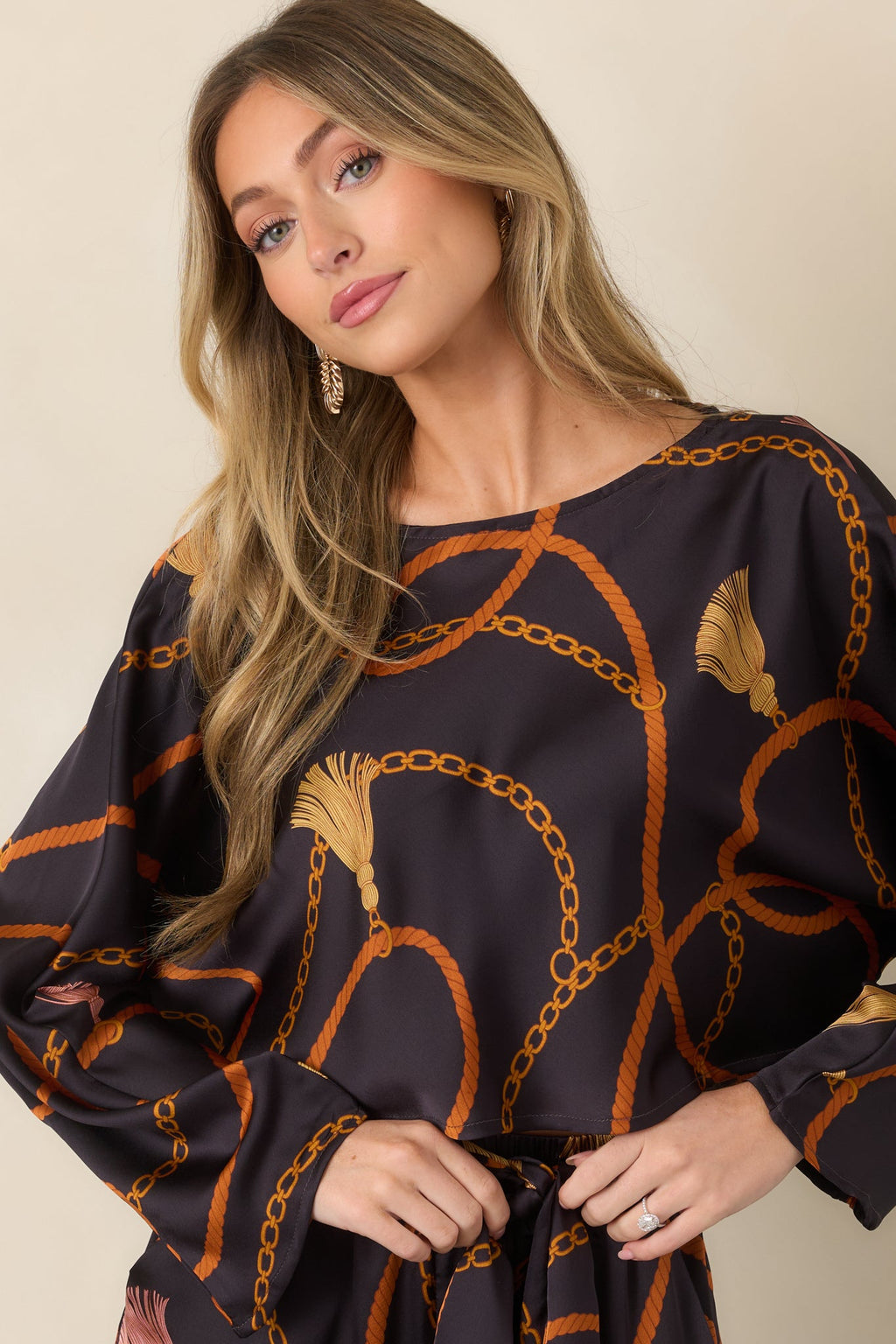 With Regard Black Rope & Tassel Print Satin Cropped Top
