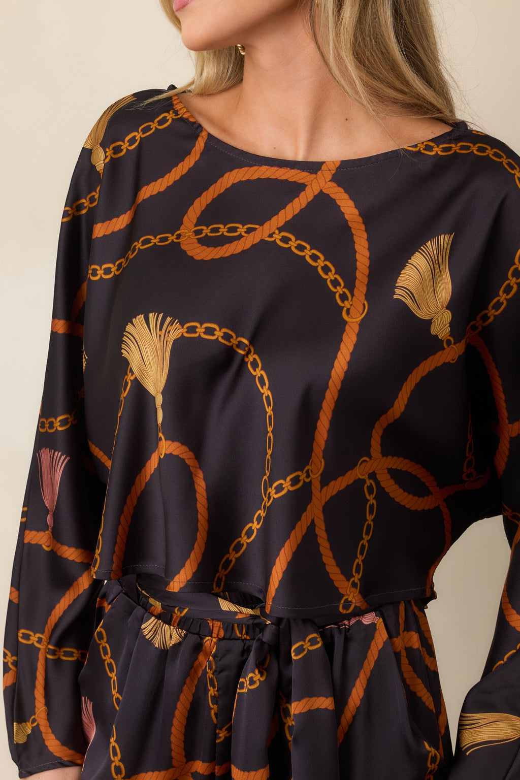 With Regard Black Rope & Tassel Print Satin Cropped Top