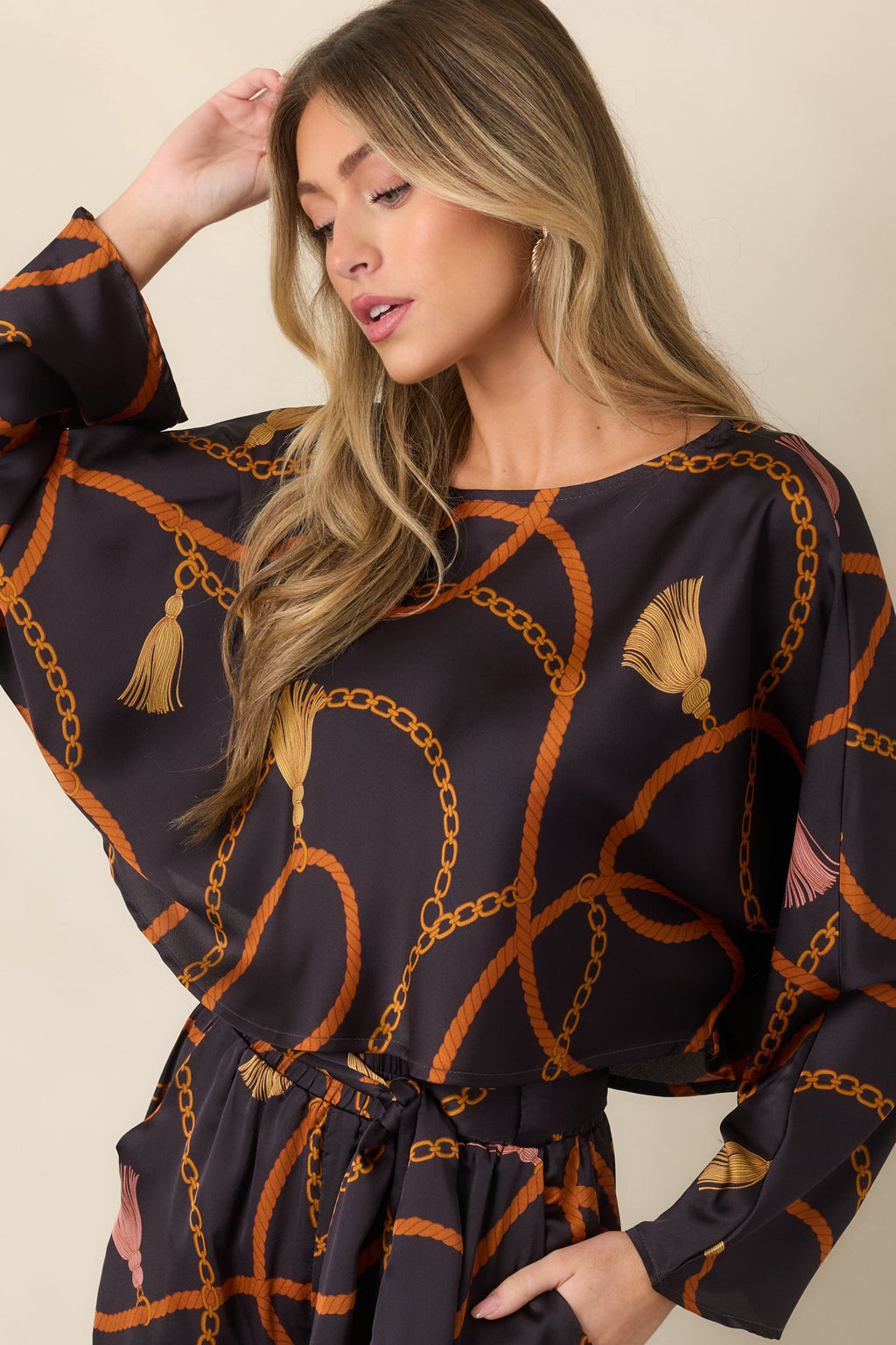 With Regard Black Rope & Tassel Print Satin Cropped Top