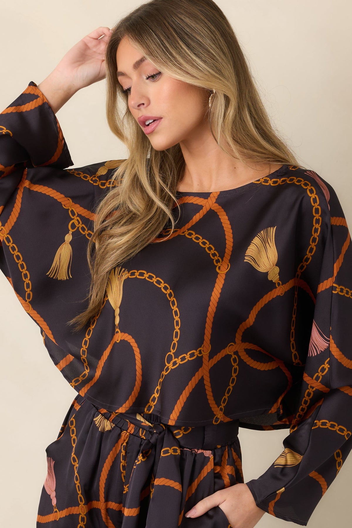 With Regard Black Rope & Tassel Print Satin Cropped Top