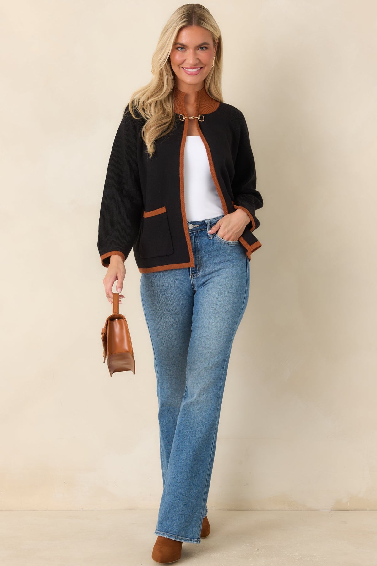 That Should Do It Black Contrast Trim Horsebit Cardigan