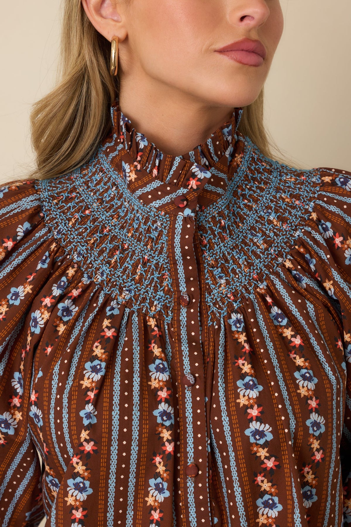 Prosperina Bedford Brown Multi Floral Stripe Cotton Smocked Blouse