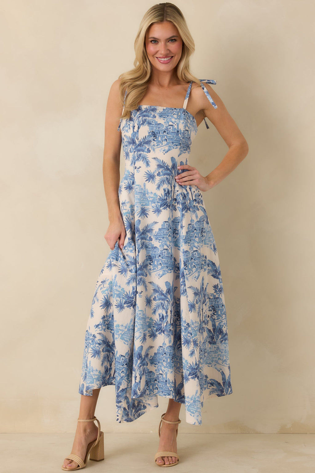 Santorini Sketch Blue Palm Print Tie Strap Maxi Dress