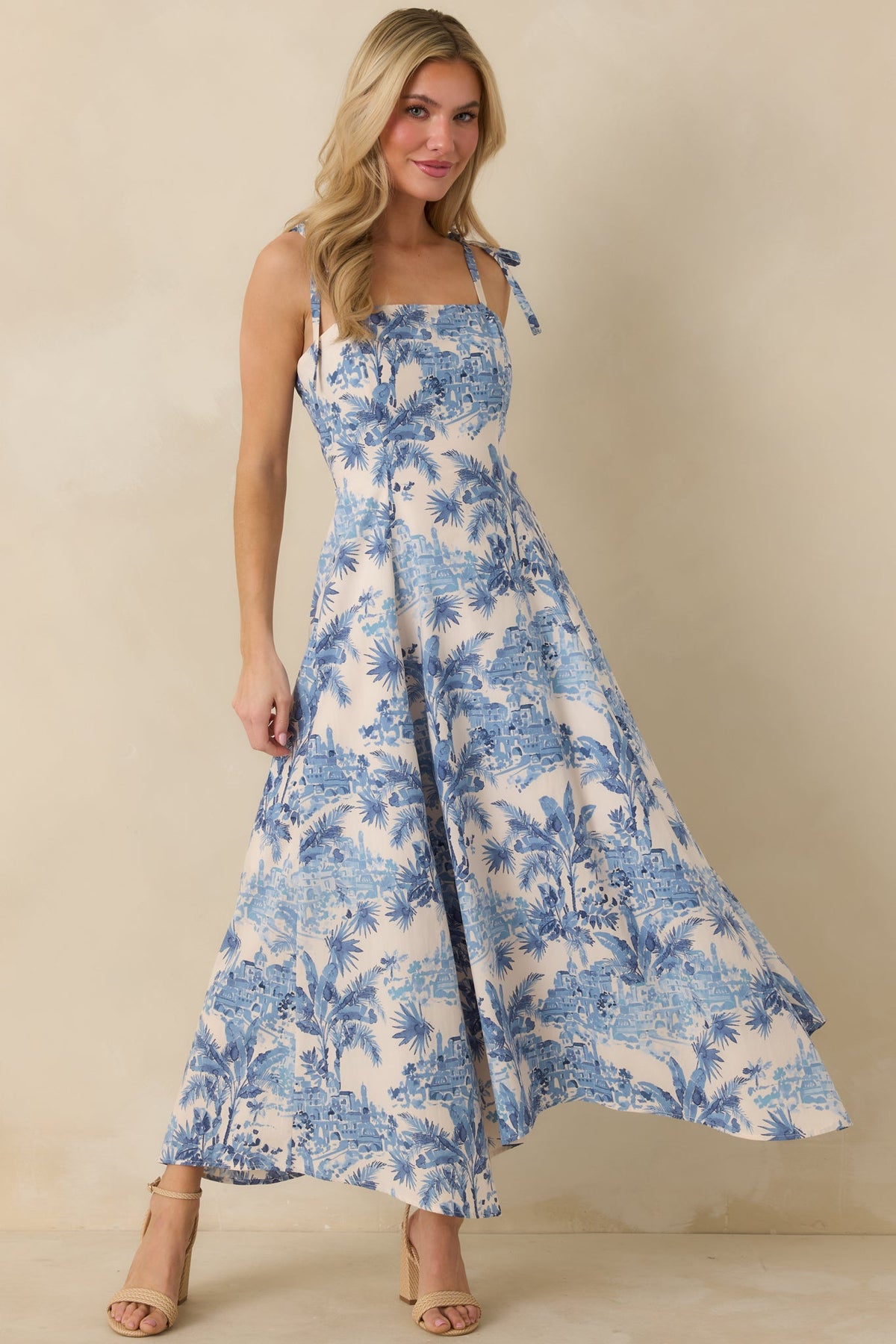 Santorini Sketch Blue Palm Print Tie Strap Maxi Dress