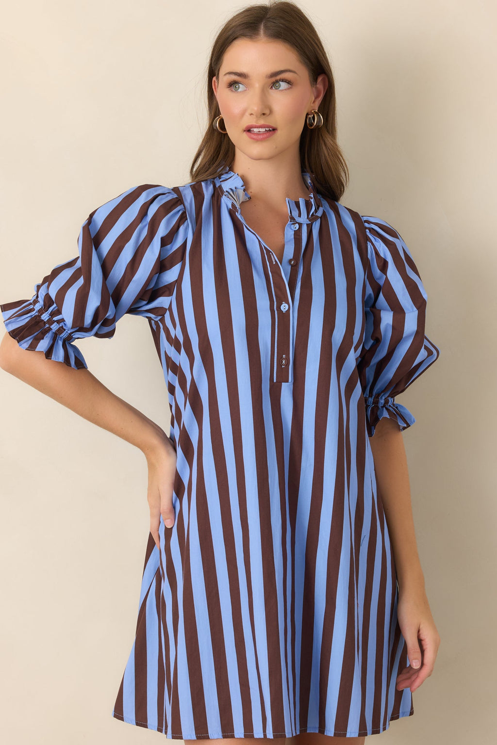 Here's the Plan Blue & Brown Stripe Cotton Mini Shift Dress