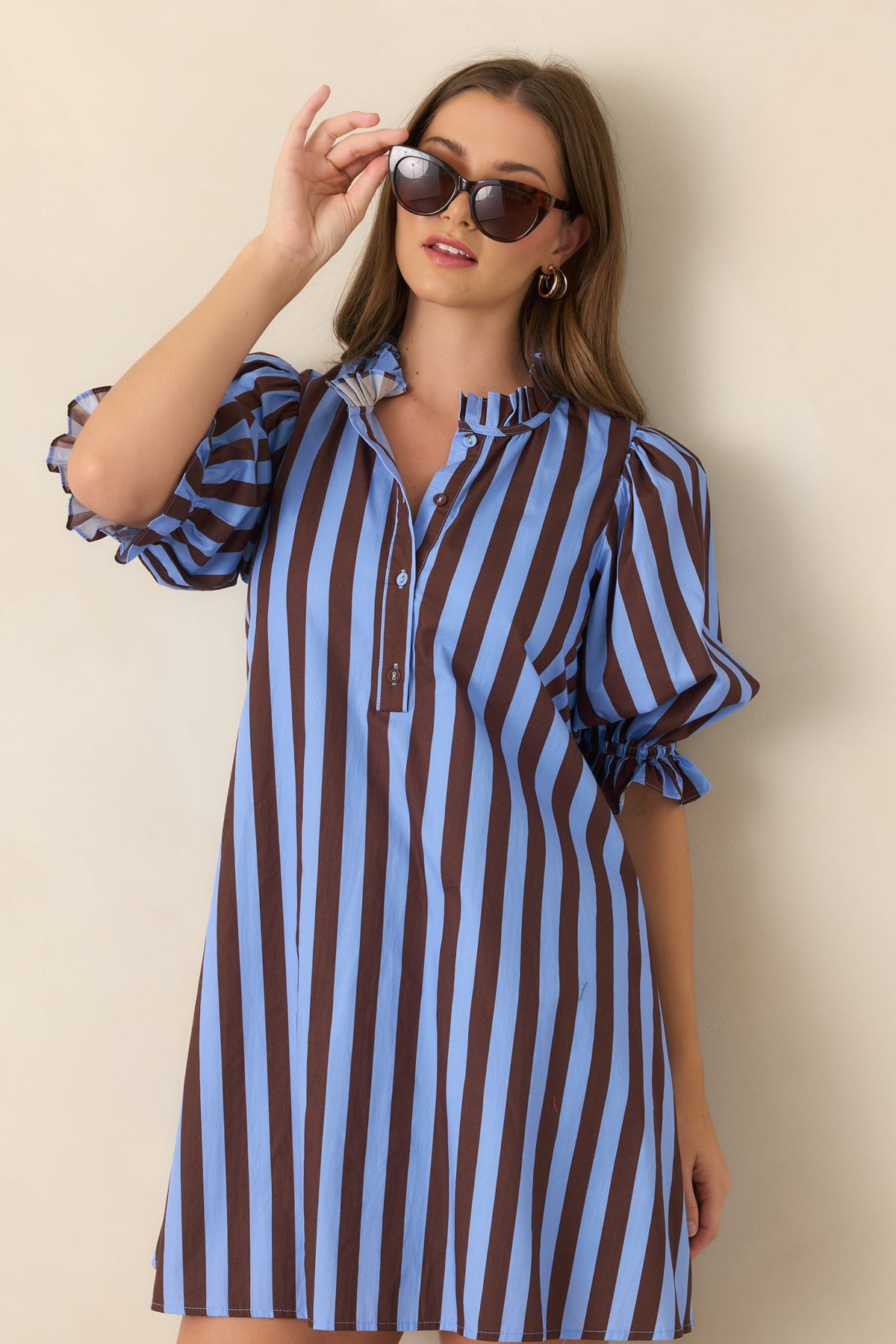 Here's the Plan Blue & Brown Stripe Cotton Mini Shift Dress