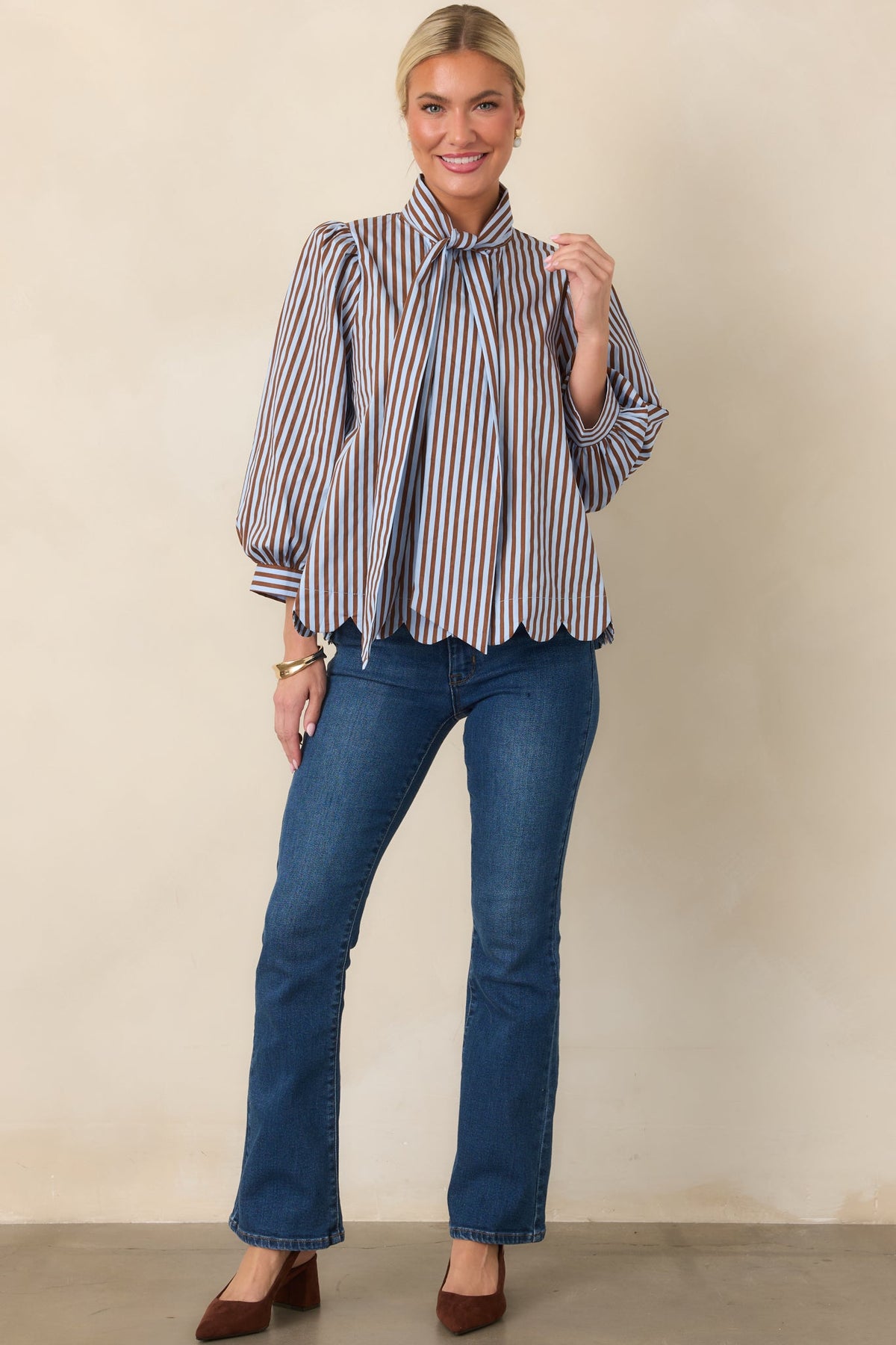 Read Between the Lines Blue & Brown Stripe Tie Neck Blouse