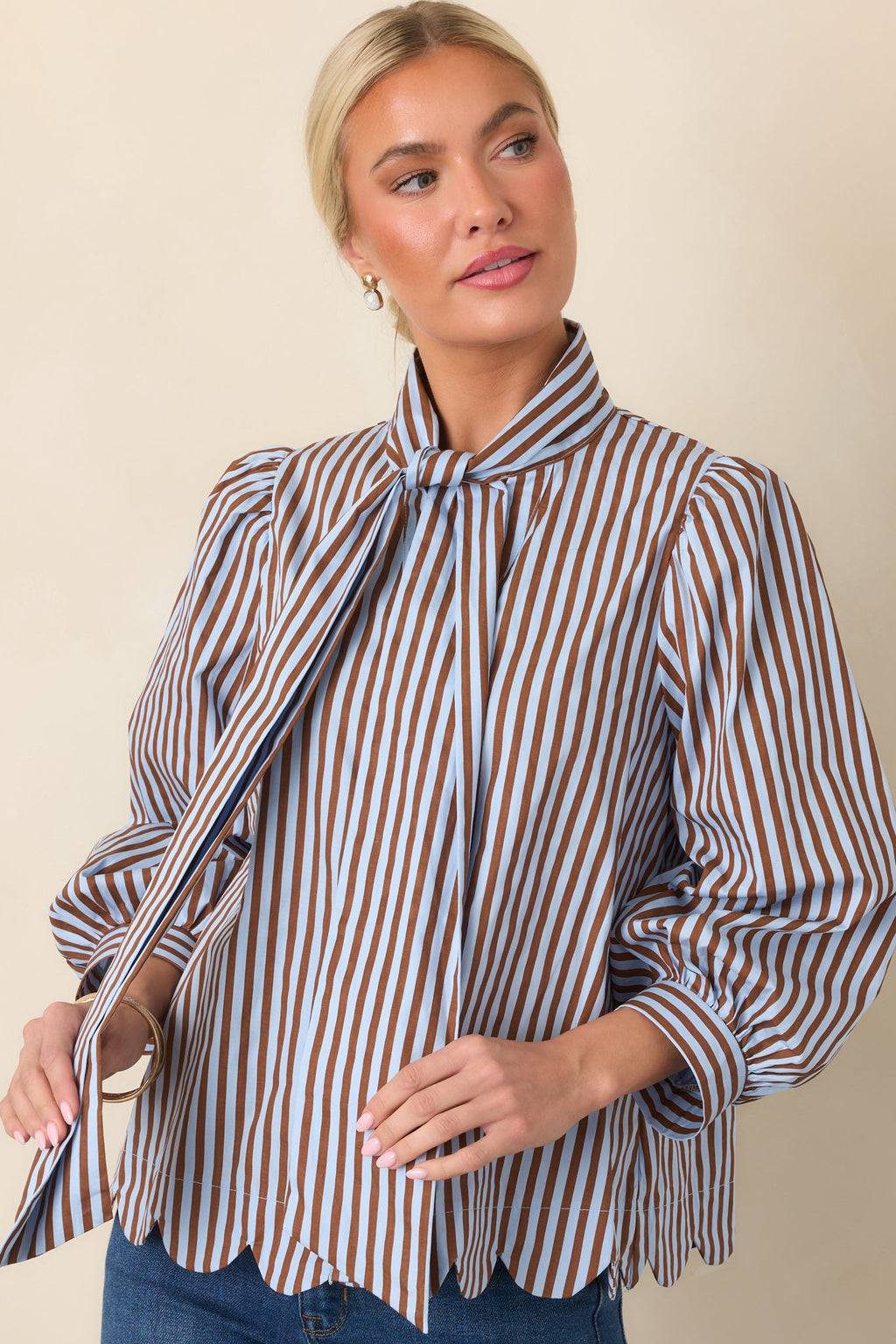 Read Between the Lines Blue & Brown Stripe Tie Neck Blouse