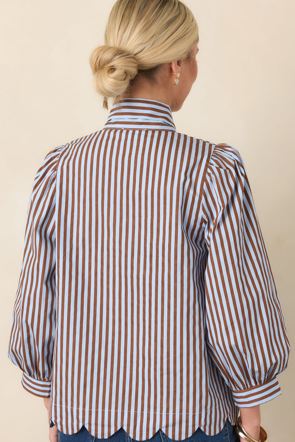 Read Between the Lines Blue & Brown Stripe Tie Neck Blouse