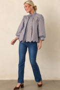 Read Between the Lines Blue & Brown Stripe Tie Neck Blouse