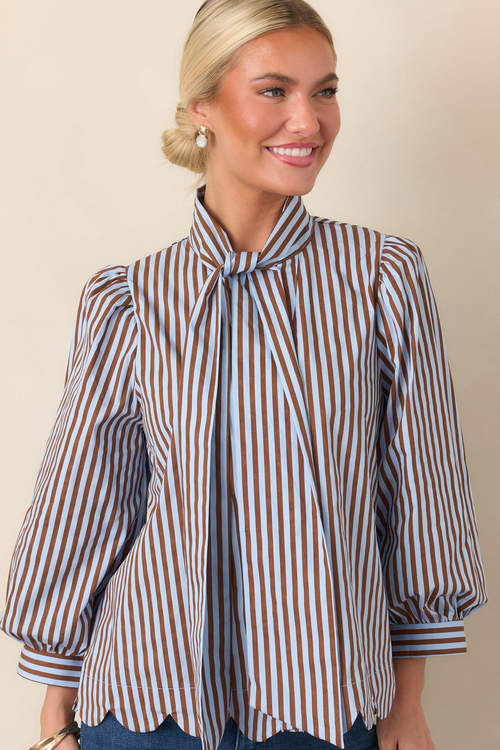 Read Between the Lines Blue & Brown Stripe Tie Neck Blouse
