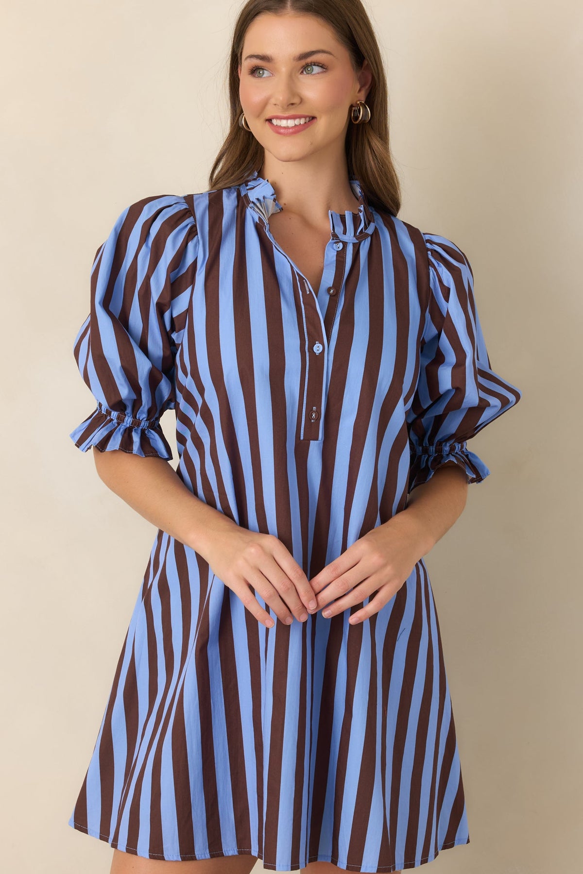 Here's the Plan Blue & Brown Stripe Cotton Mini Shift Dress