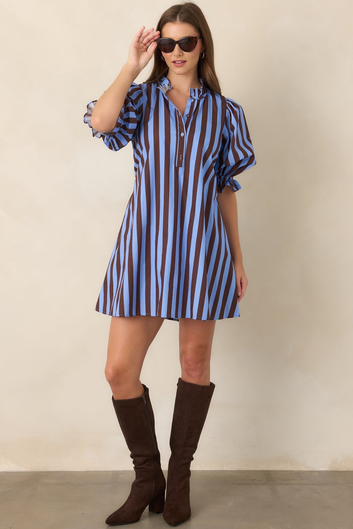Here's the Plan Blue & Brown Stripe Cotton Mini Shift Dress