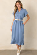 Made The Right Call Chambray Blue Collared Midi T-Shirt Dress