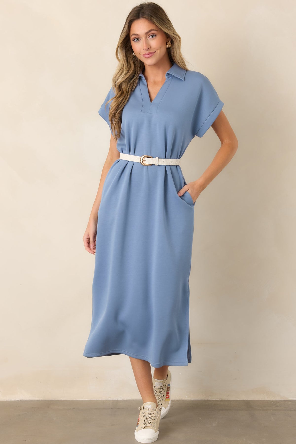 Made The Right Call Chambray Blue Collared Midi T-Shirt Dress