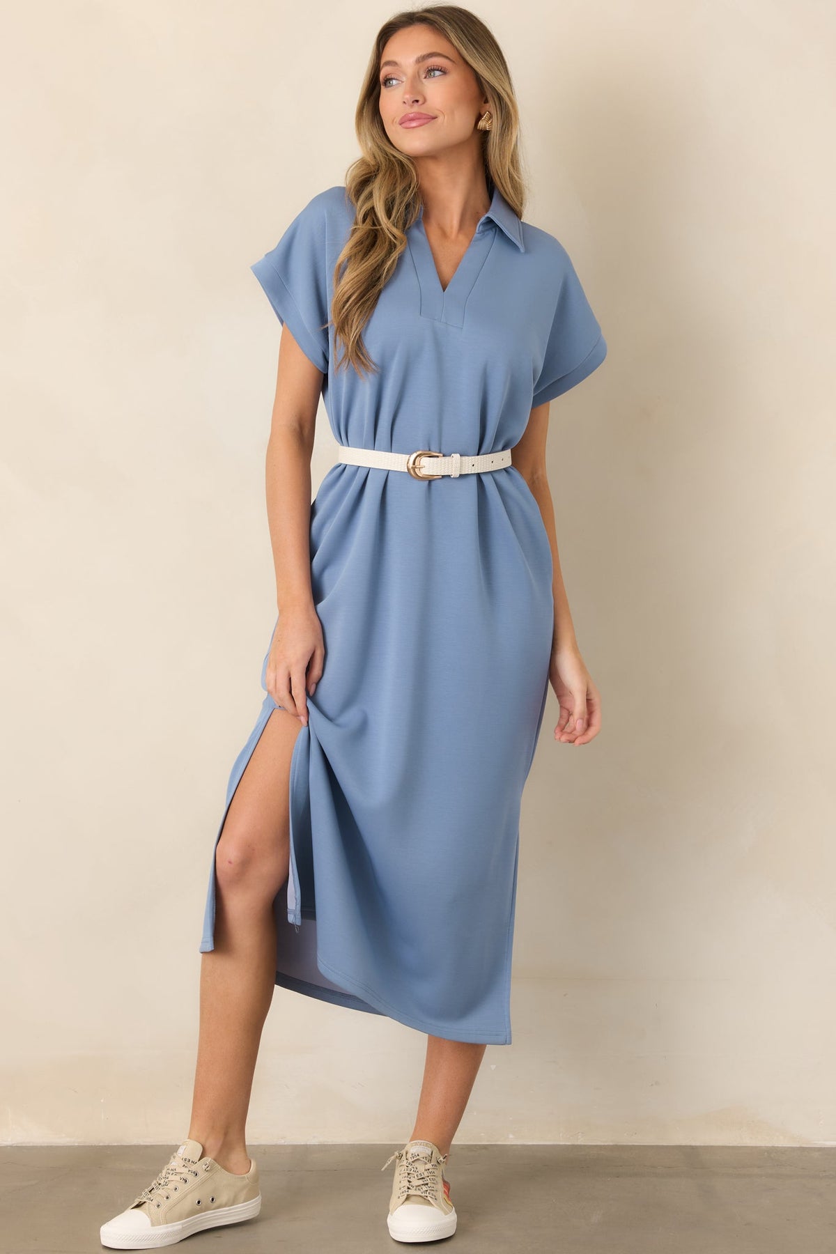 Made The Right Call Chambray Blue Collared Midi T-Shirt Dress