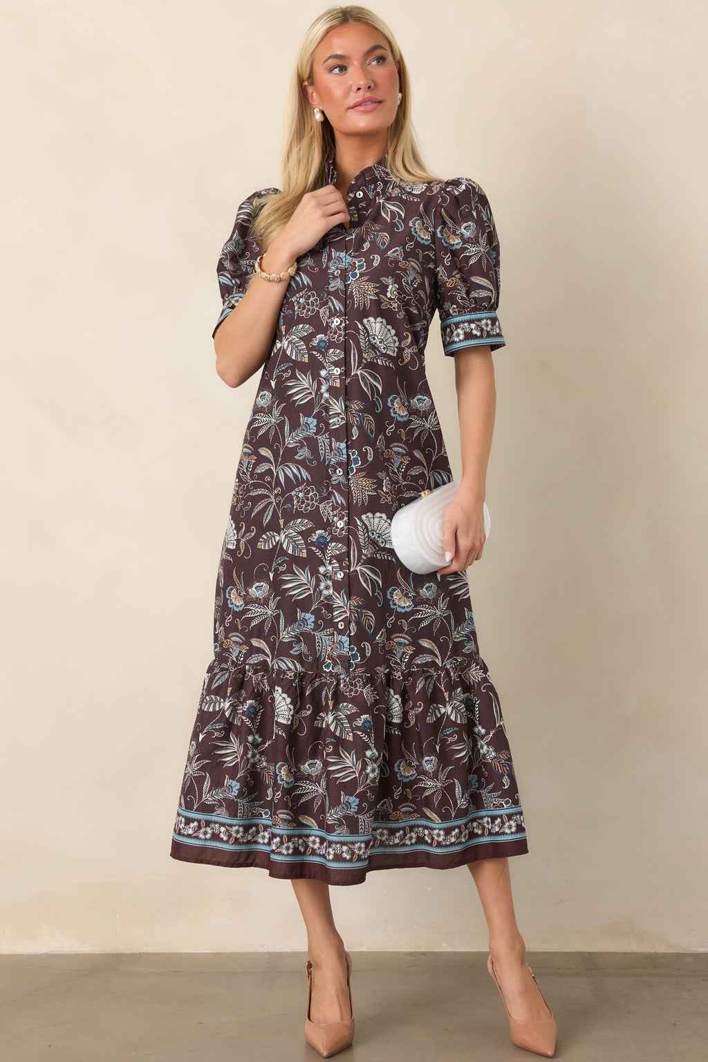 Woodland Romance Dark Brown Floral Cotton Midi Dress