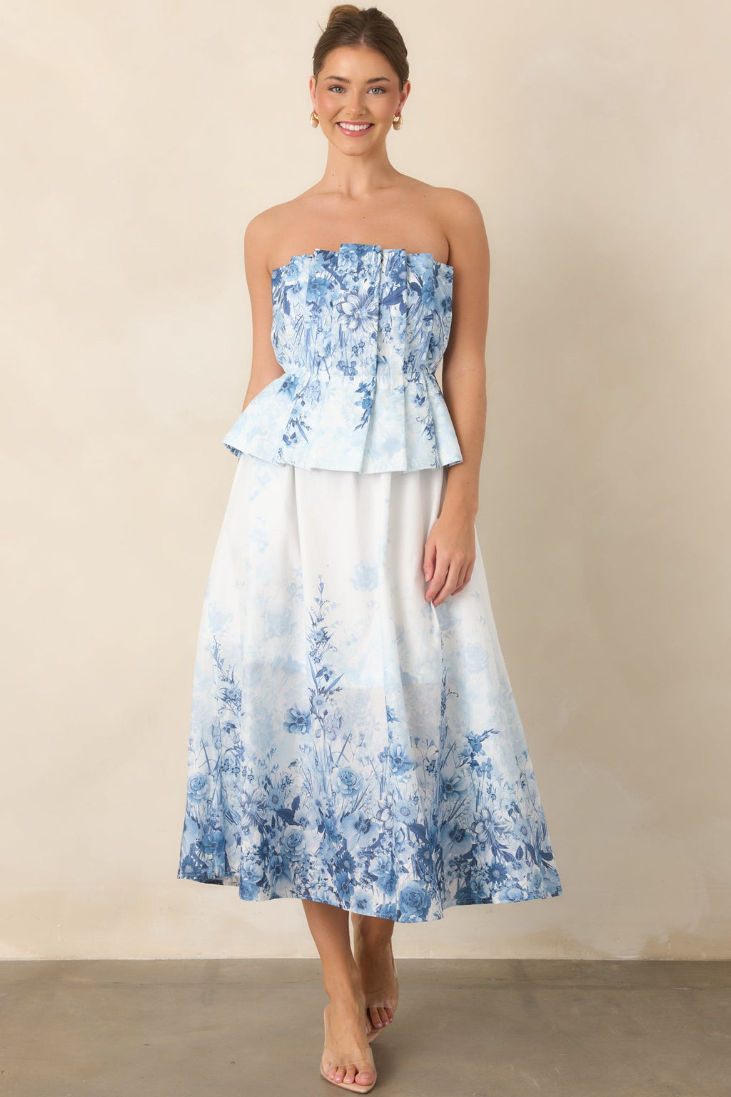 Gathered in Grace Blue Floral Cotton Strapless Midi Dress