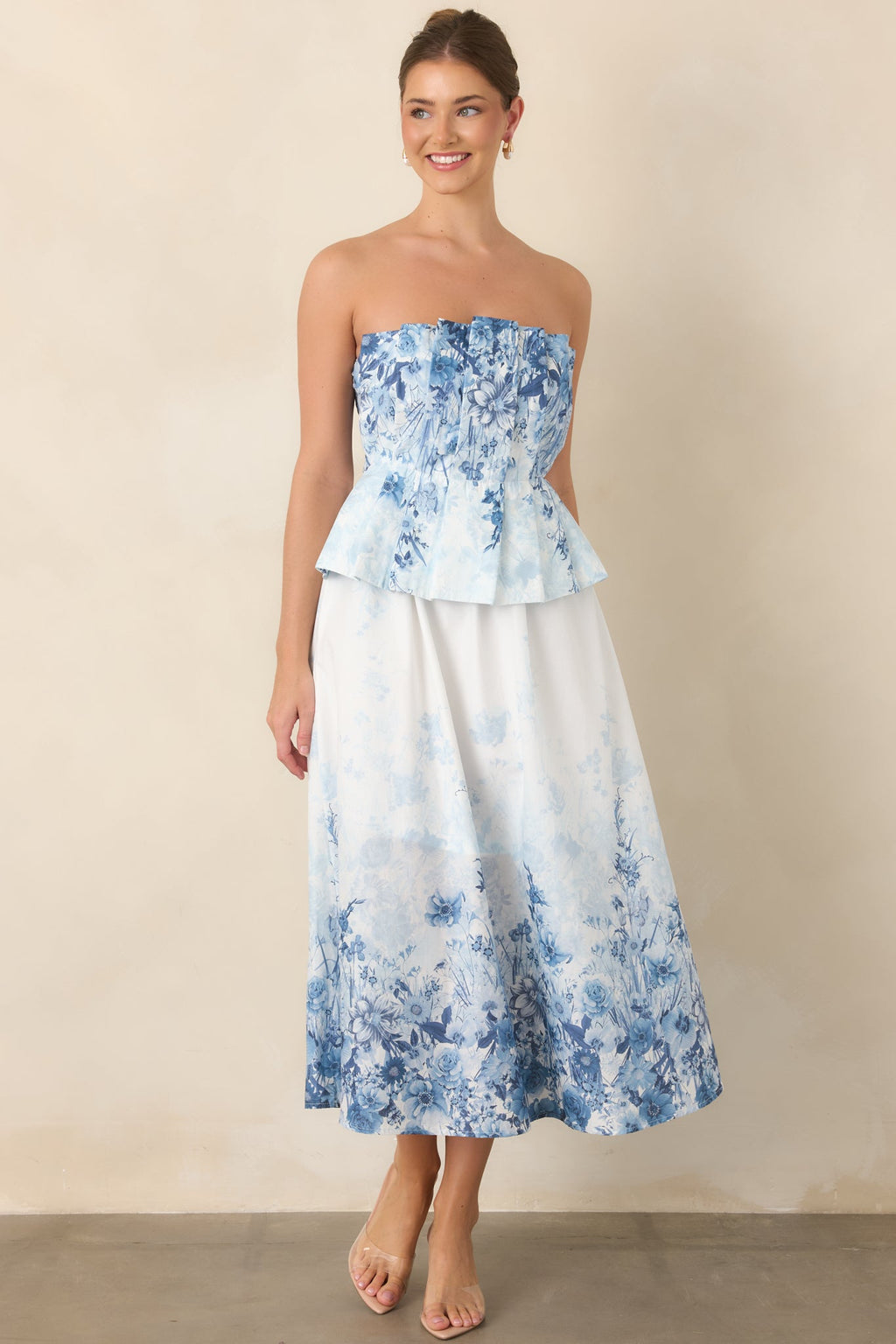 Gathered in Grace Blue Floral Cotton Strapless Midi Dress