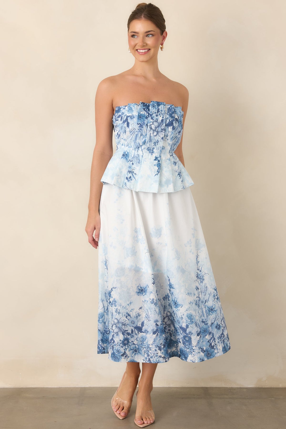 Gathered in Grace Blue Floral Cotton Strapless Midi Dress