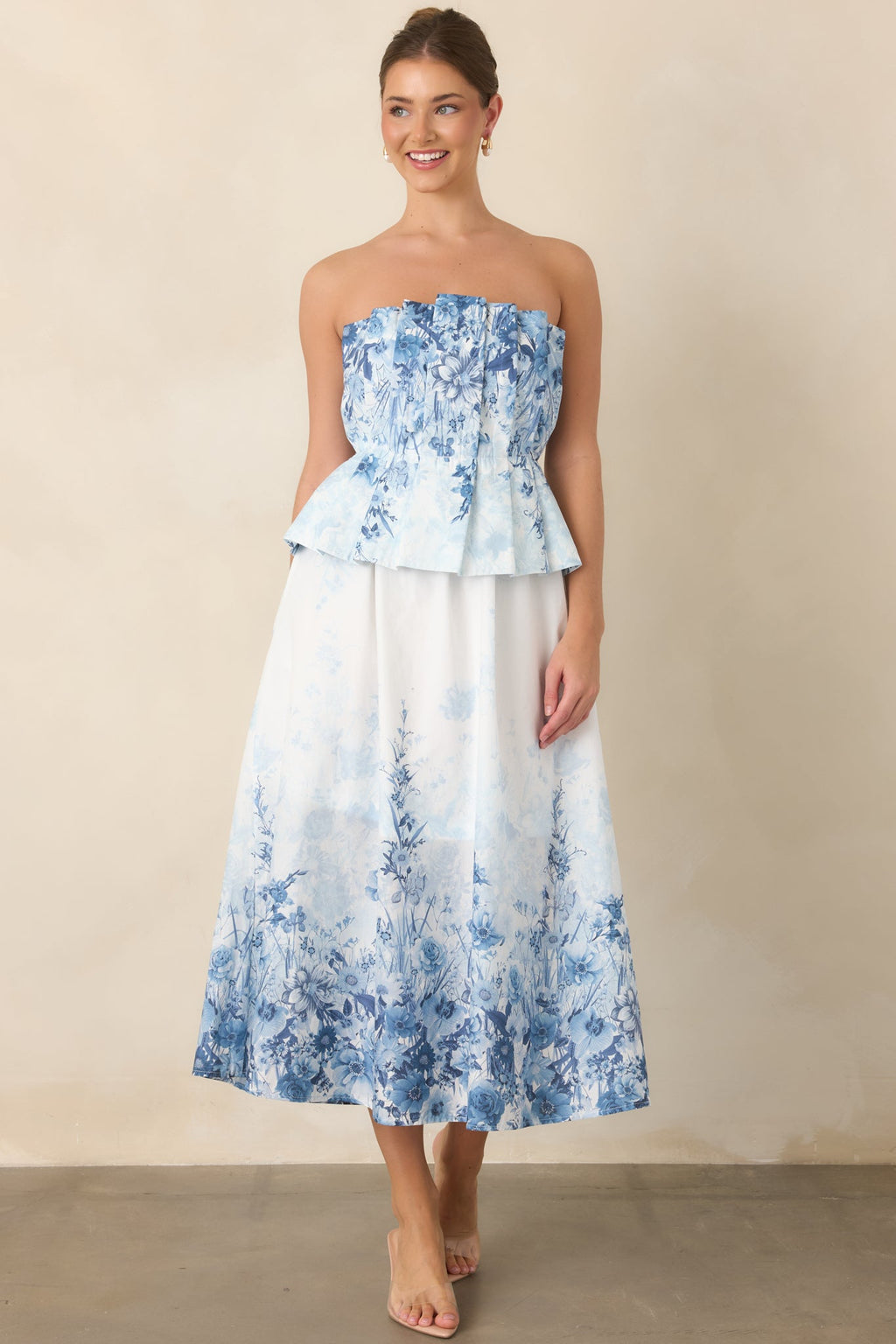 Gathered in Grace Blue Floral Cotton Strapless Midi Dress