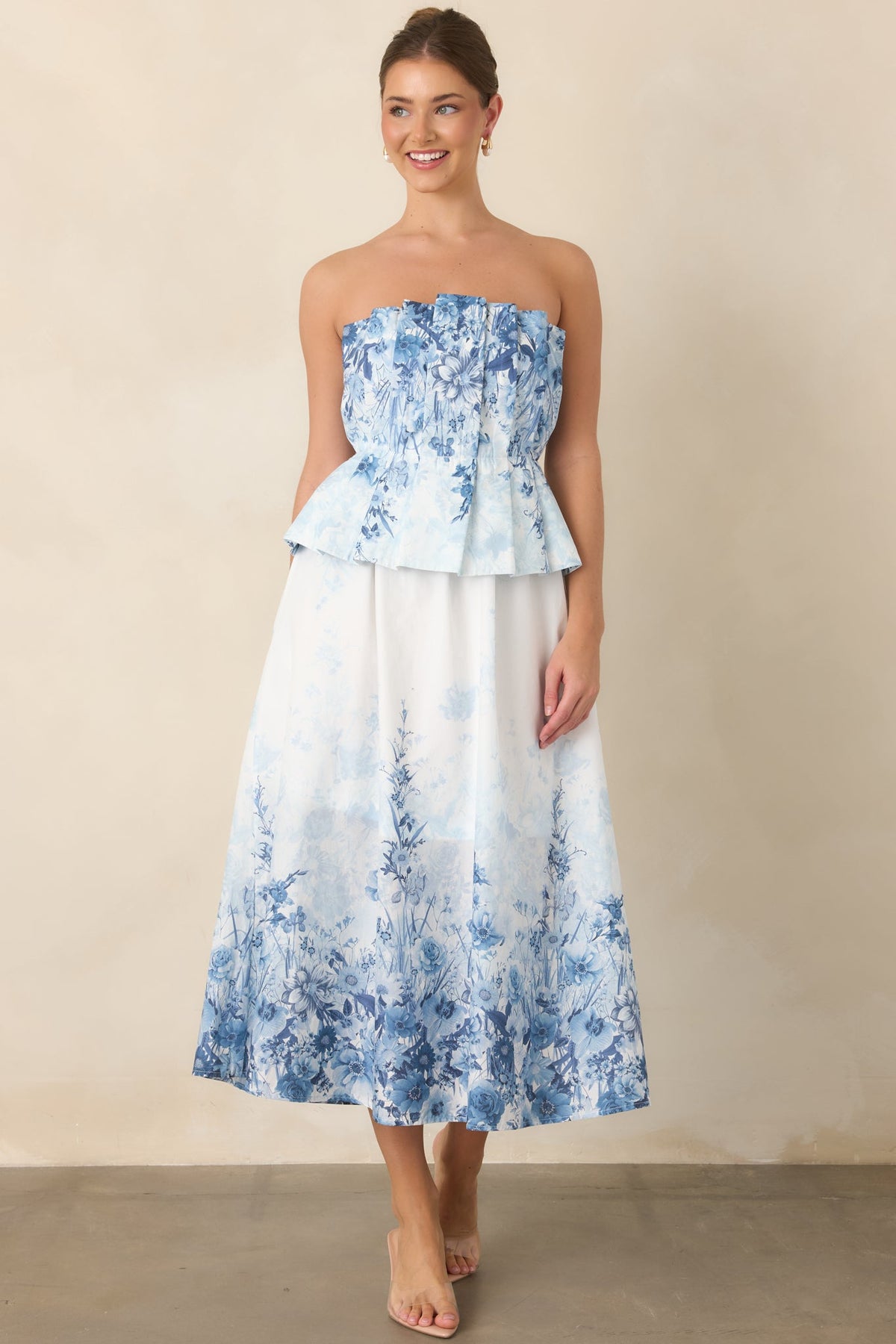Gathered in Grace Blue Floral Cotton Strapless Midi Dress