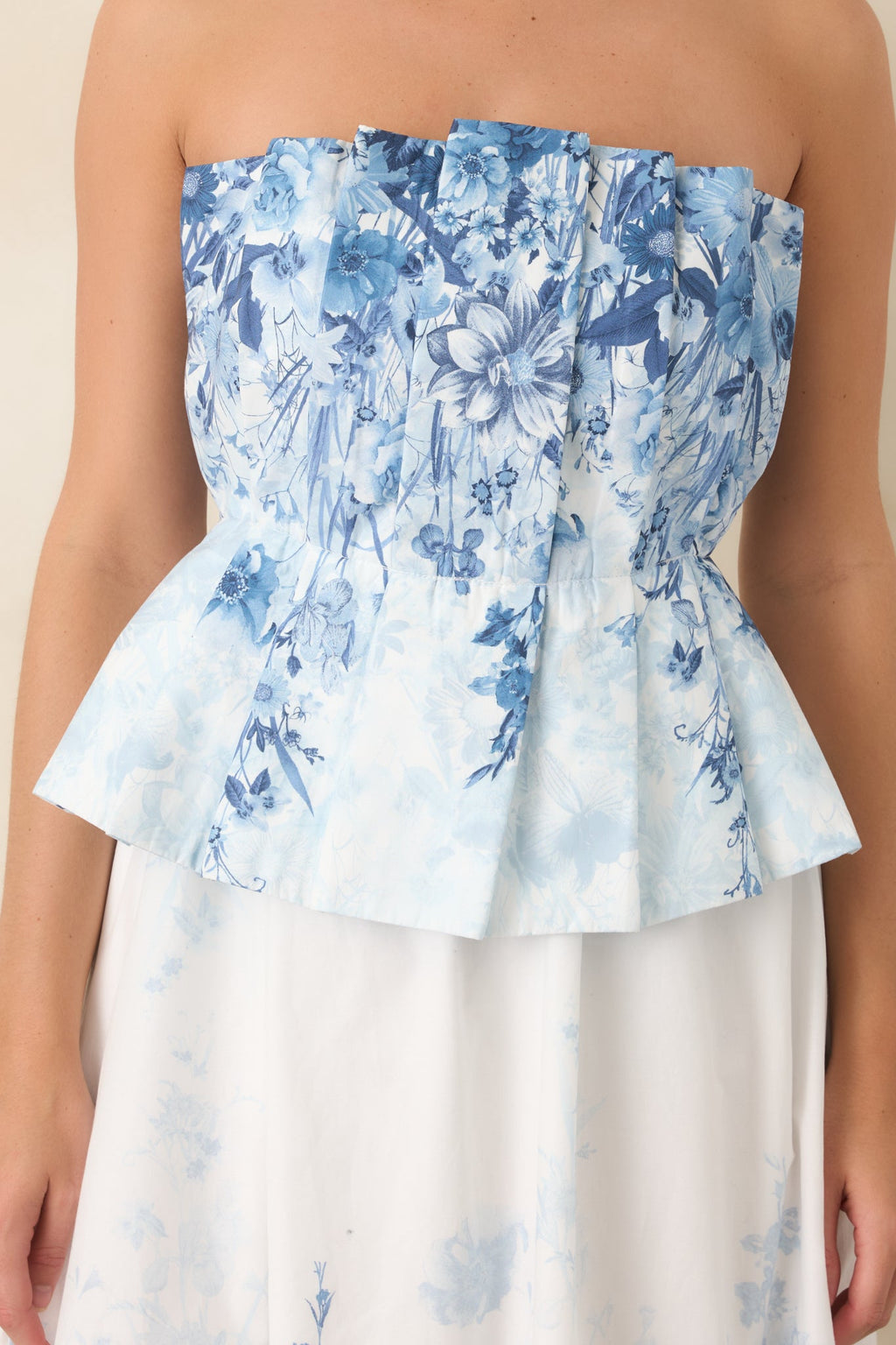 Gathered in Grace Blue Floral Cotton Strapless Midi Dress