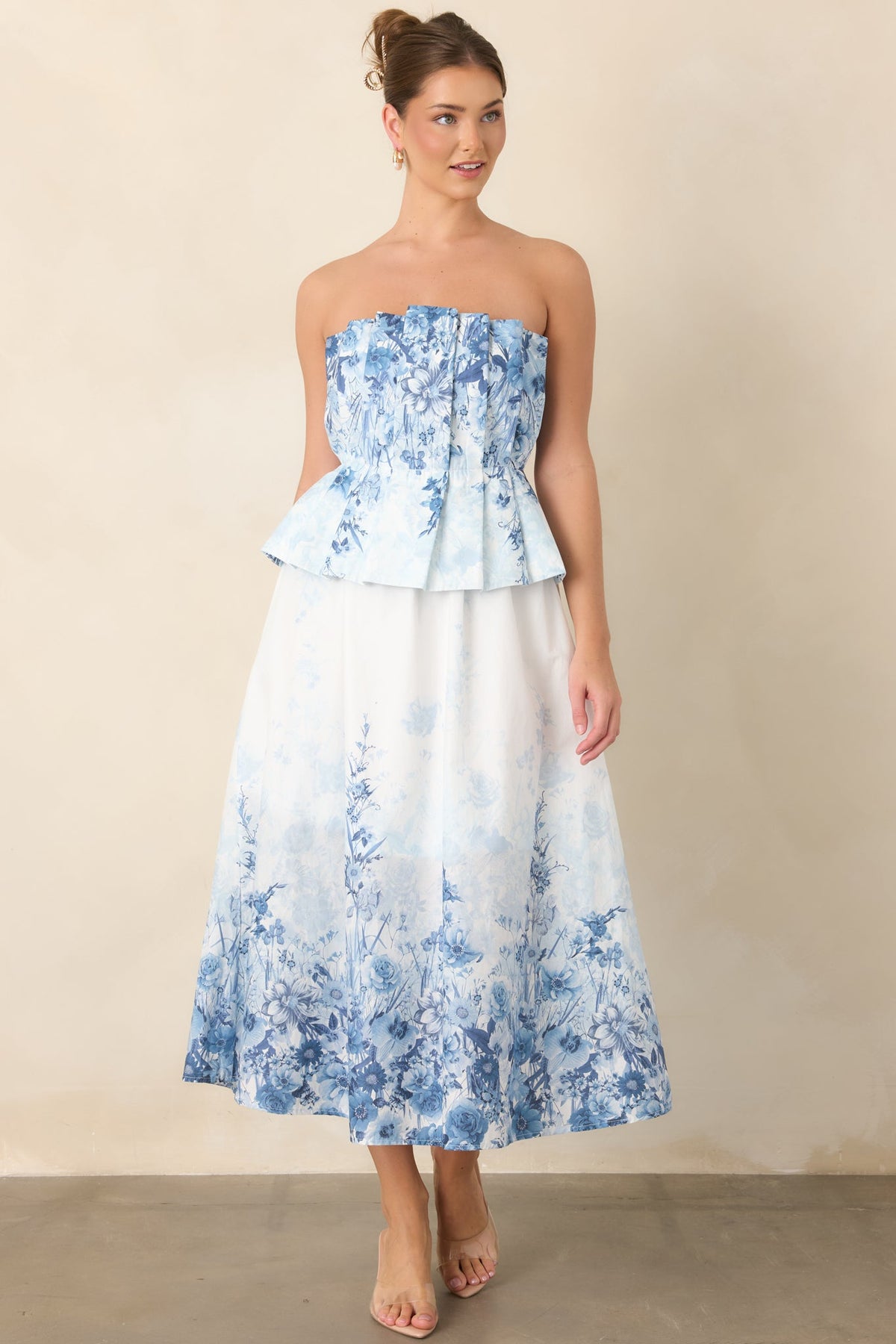 Gathered in Grace Blue Floral Cotton Strapless Midi Dress